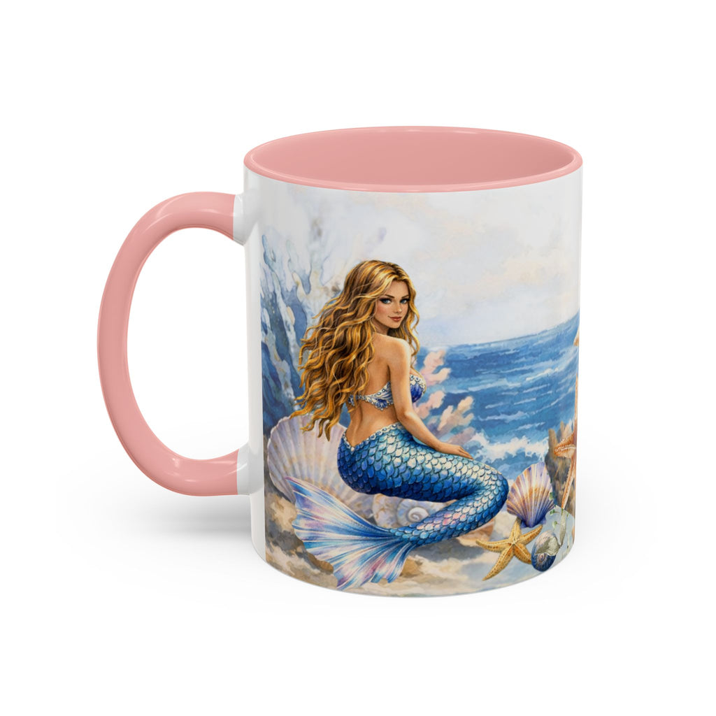 Mermaid Illustration Accent Coffee Mug | Seashells Starfish Ocean Scene