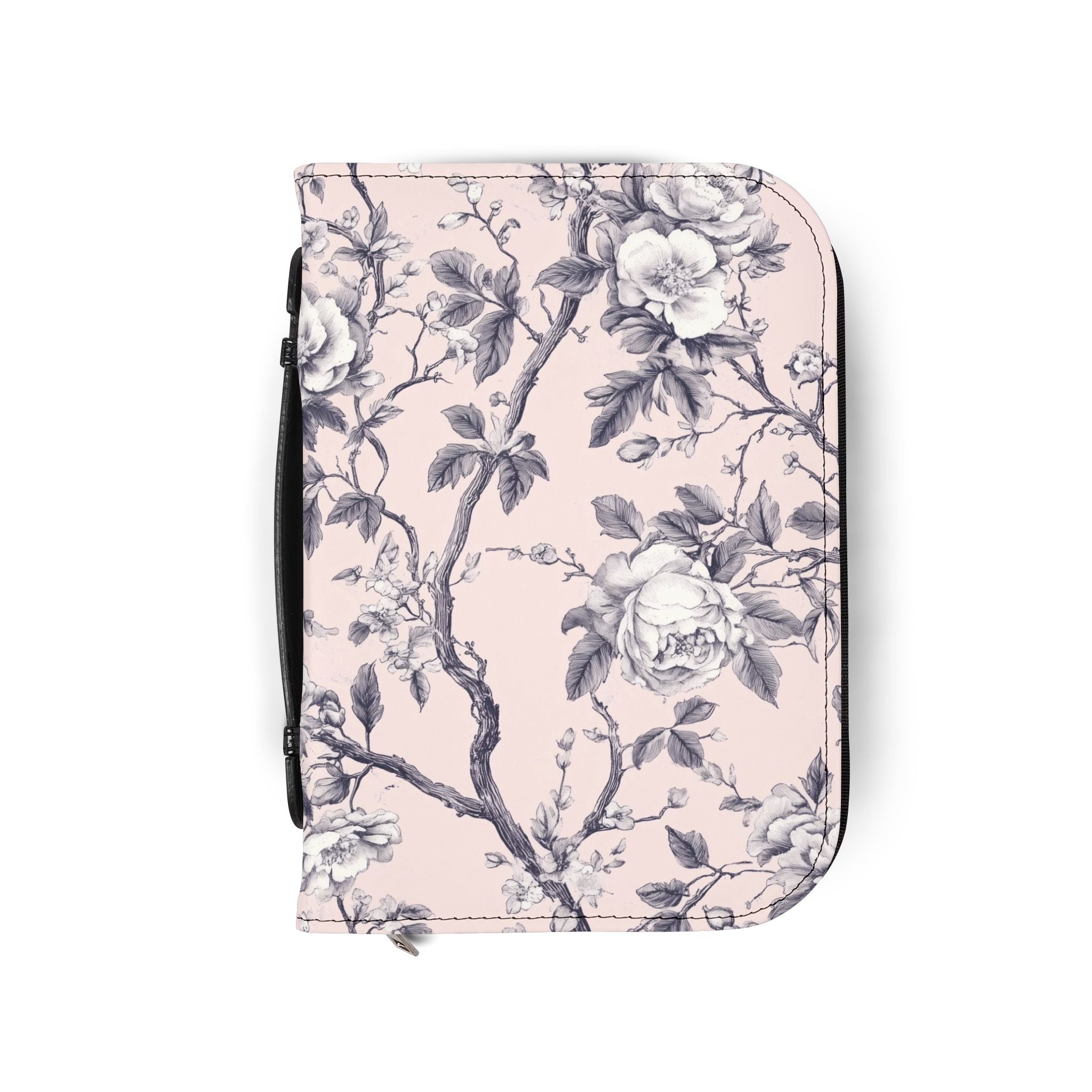 Pink White Botanical Toile Bible Cover | Floral Design | Christian Gift | Vegan Bible Case with Handle & Zipper | Bible Study Accessory