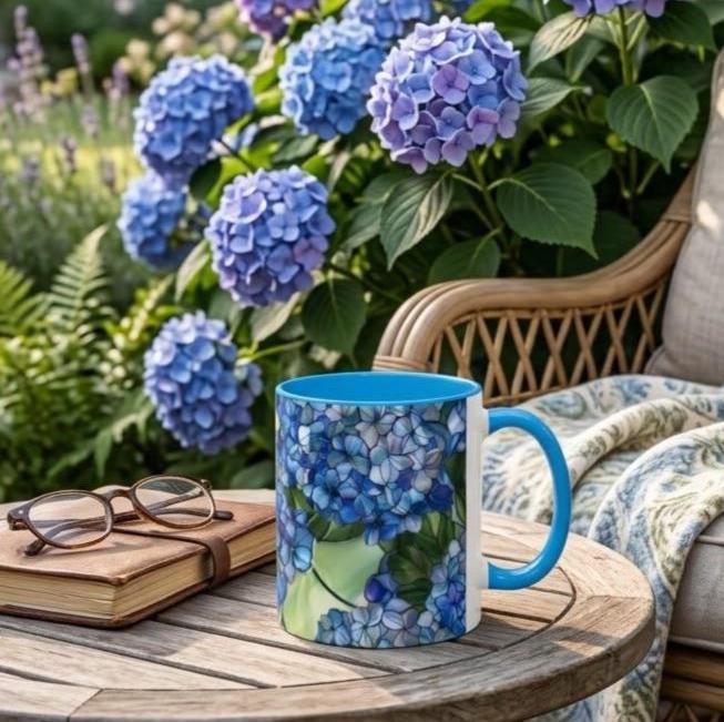 Blue Hydrangea Floral Mug | 11oz 15oz Ceramic Coffee Cup