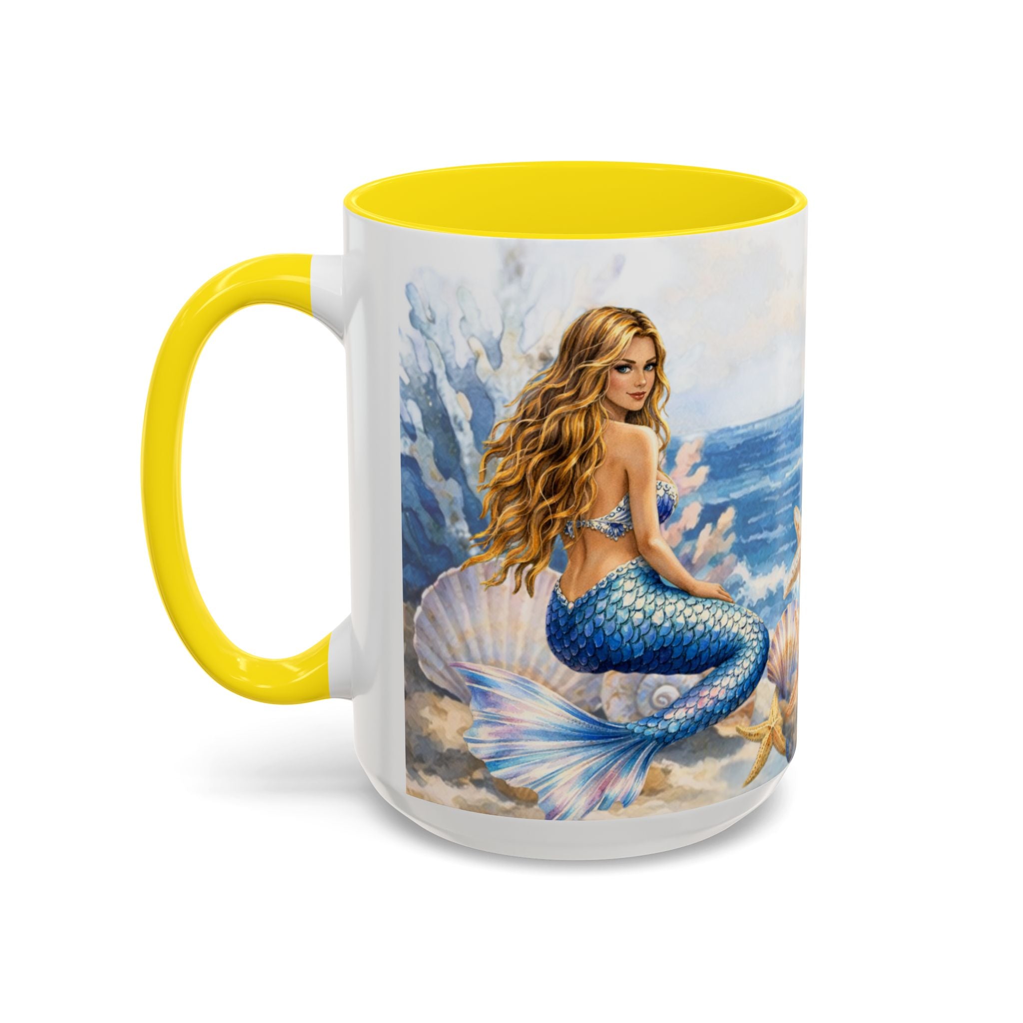 Mermaid Illustration Accent Coffee Mug | Seashells Starfish Ocean Scene