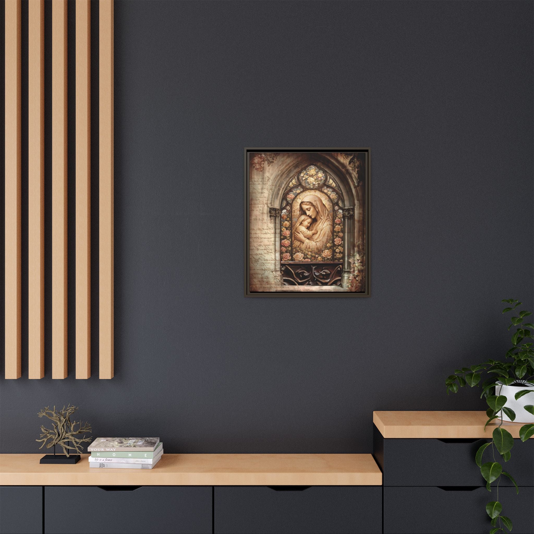Gothic Window Madonna and Child Stained Glass Print Matte Canvas, Framed