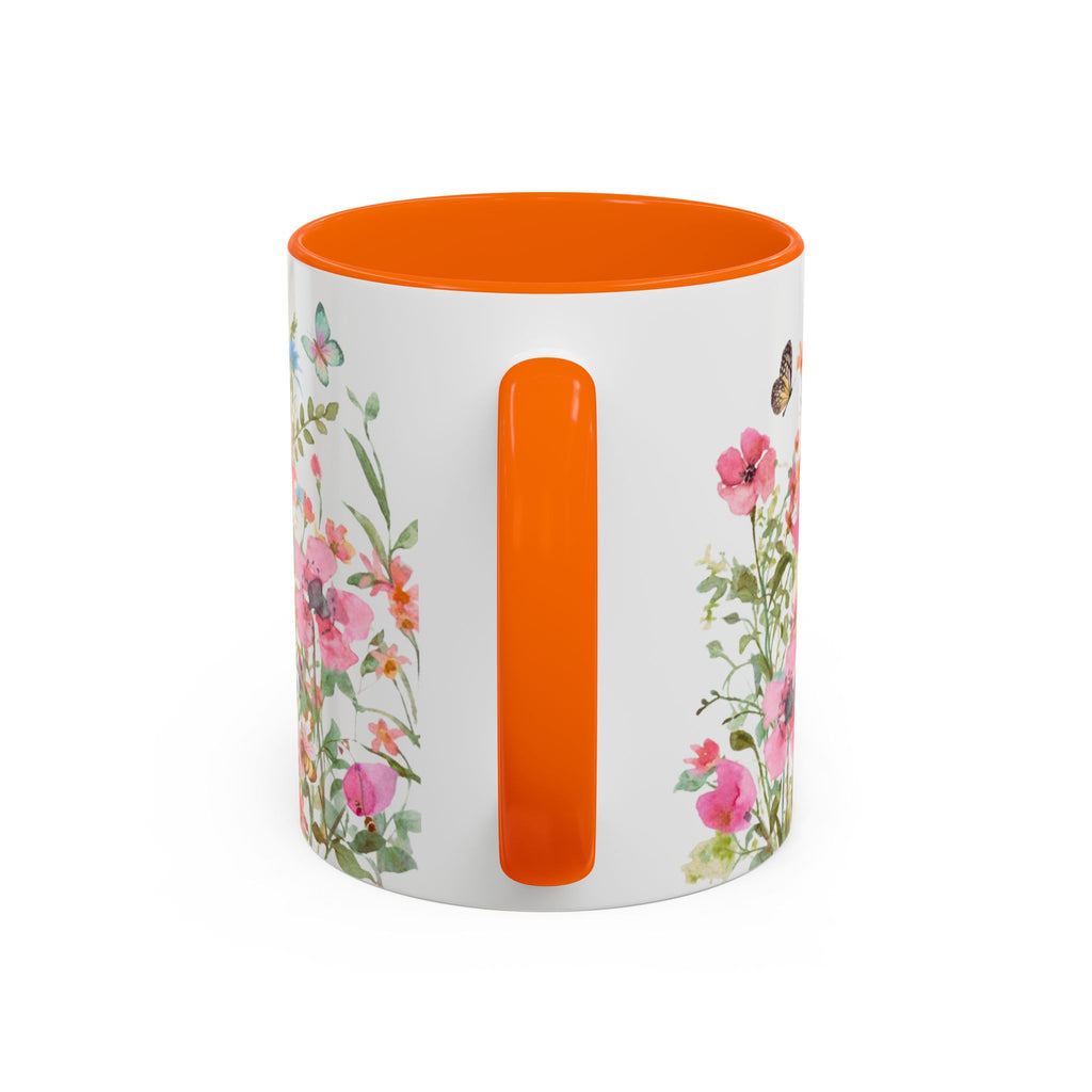 Floral Meadow Accent Coffee Mug — Pink Wildflowers & Butterflies (11oz, 15oz)