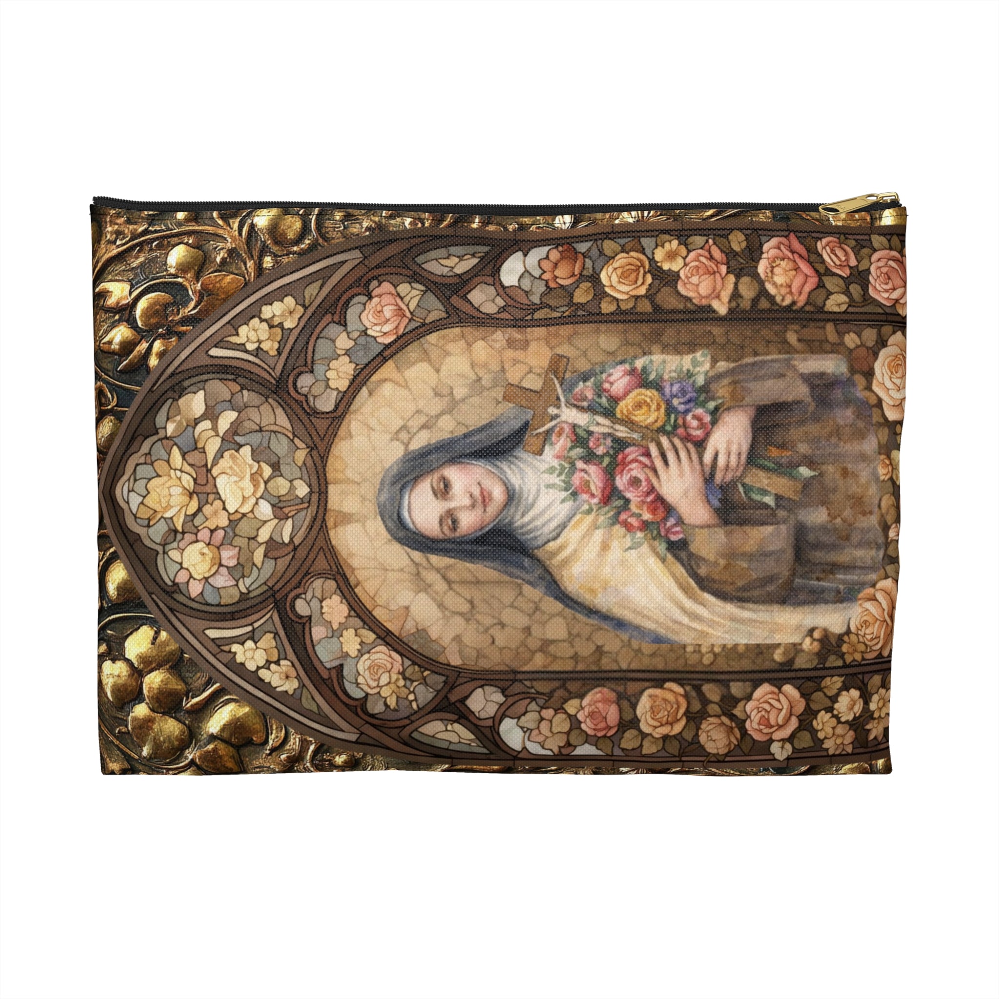 St. Thérèse Rosary Pouch Marian Roses & Doves Vegan Leather Case Accessory Pouch | Religious Rosary Makeup Bag