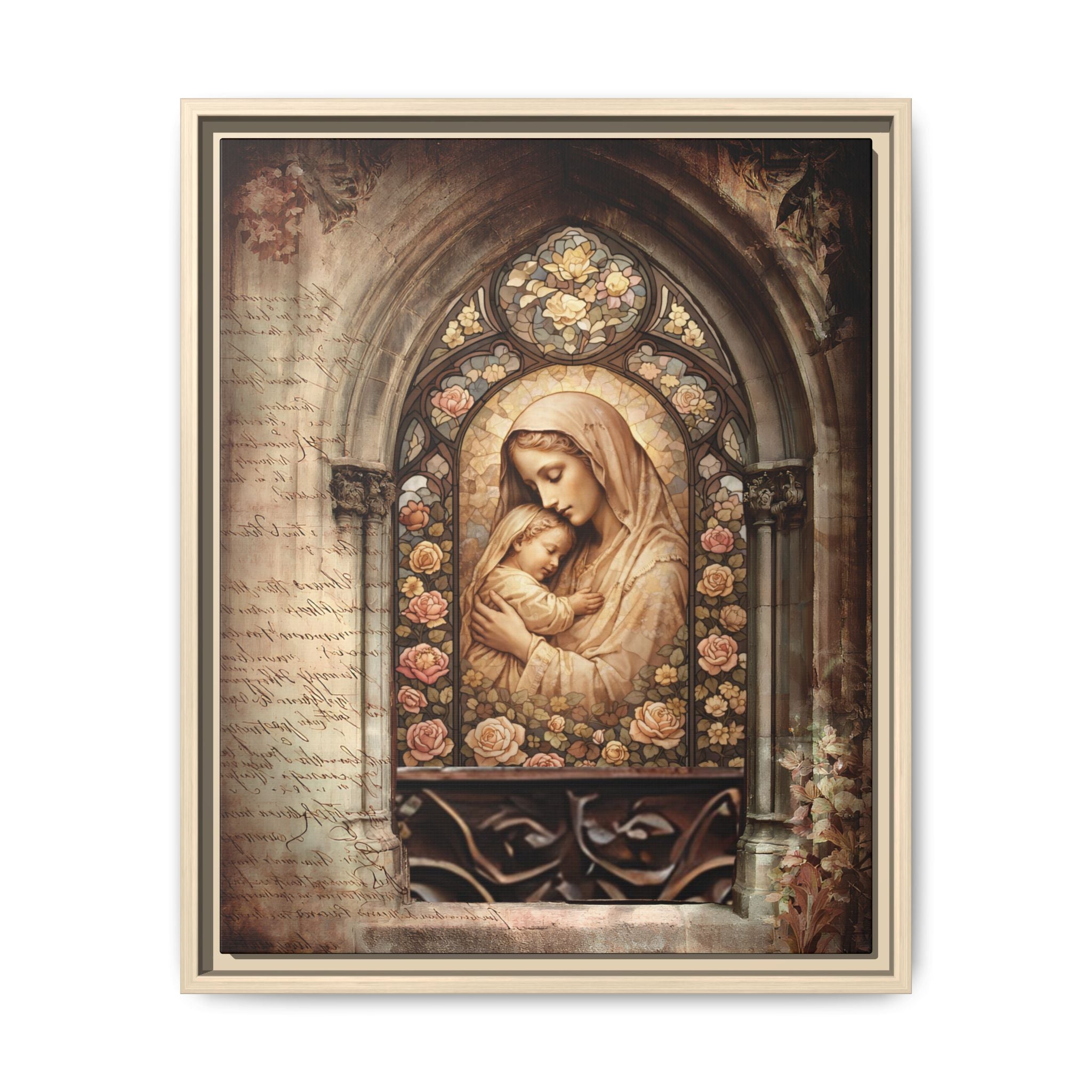 Gothic Window Madonna and Child Stained Glass Print Matte Canvas, Framed