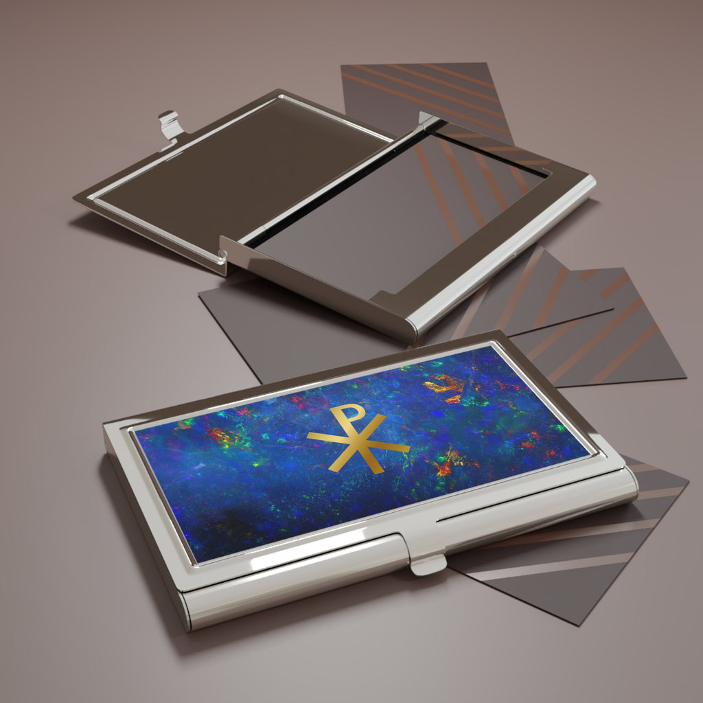 Gold Chi Rho symbol Business Card Holder | Blue Ethiopian opal 3D Image metal case