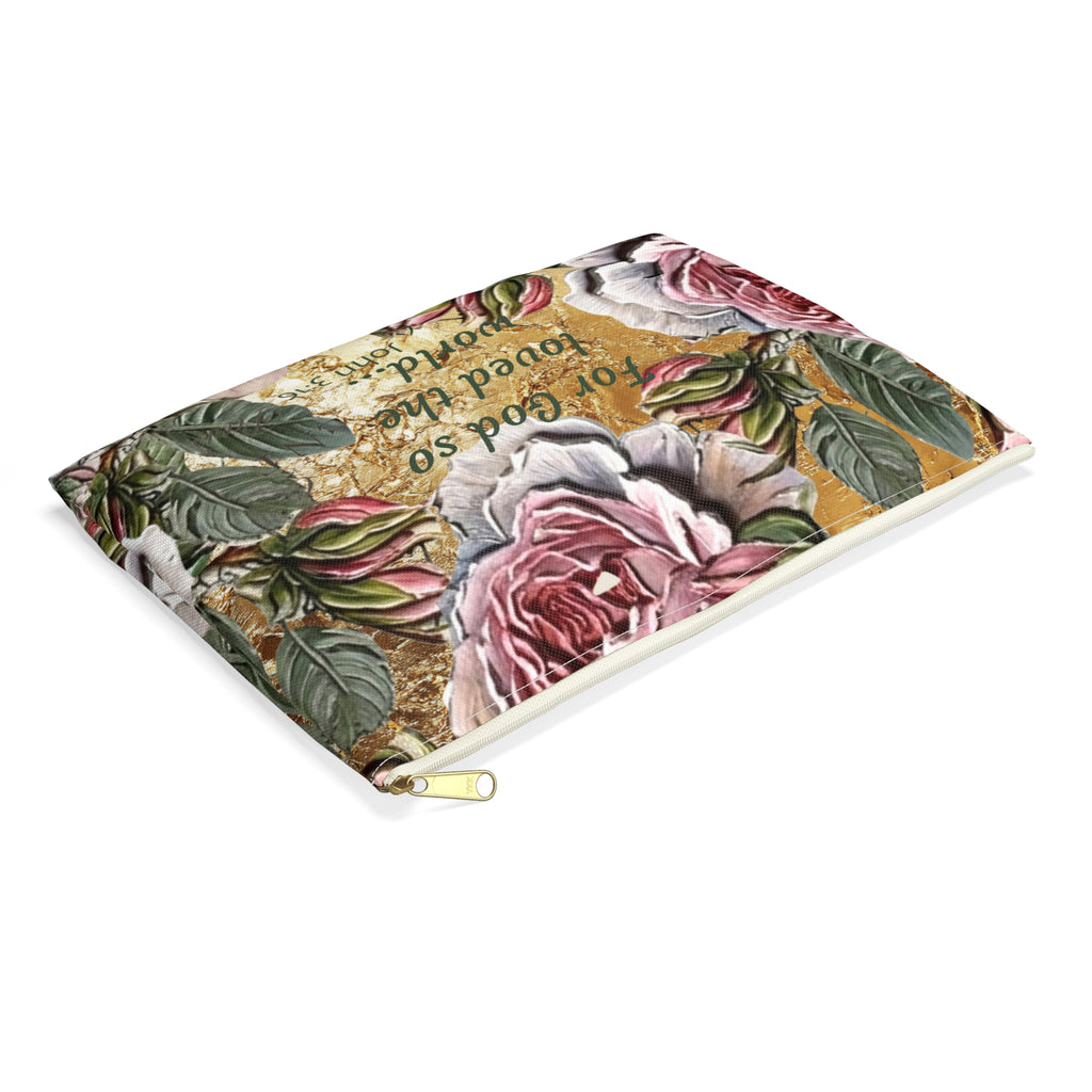 Vintage Pink Roses on Gold Marble Accessory Pouch | Floral Makeup Bag