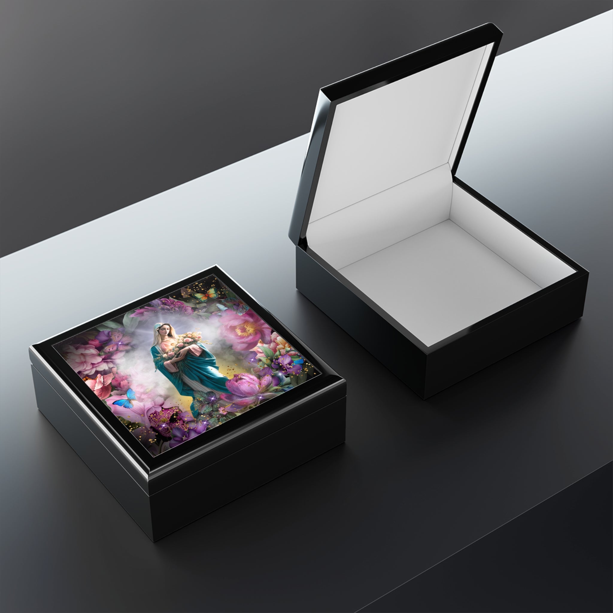 Virgin Mary Floral Illustration Jewelry Box | Madonna In Heaven Keepsake Trinket Chest