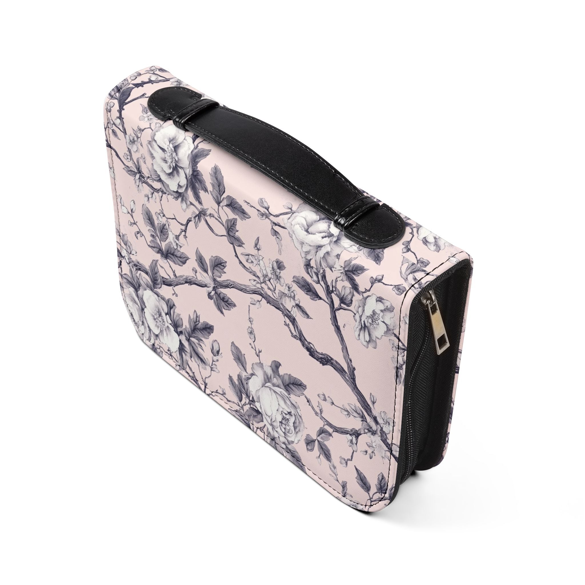 Pink White Botanical Toile Bible Cover | Floral Design | Christian Gift | Vegan Bible Case with Handle & Zipper | Bible Study Accessory