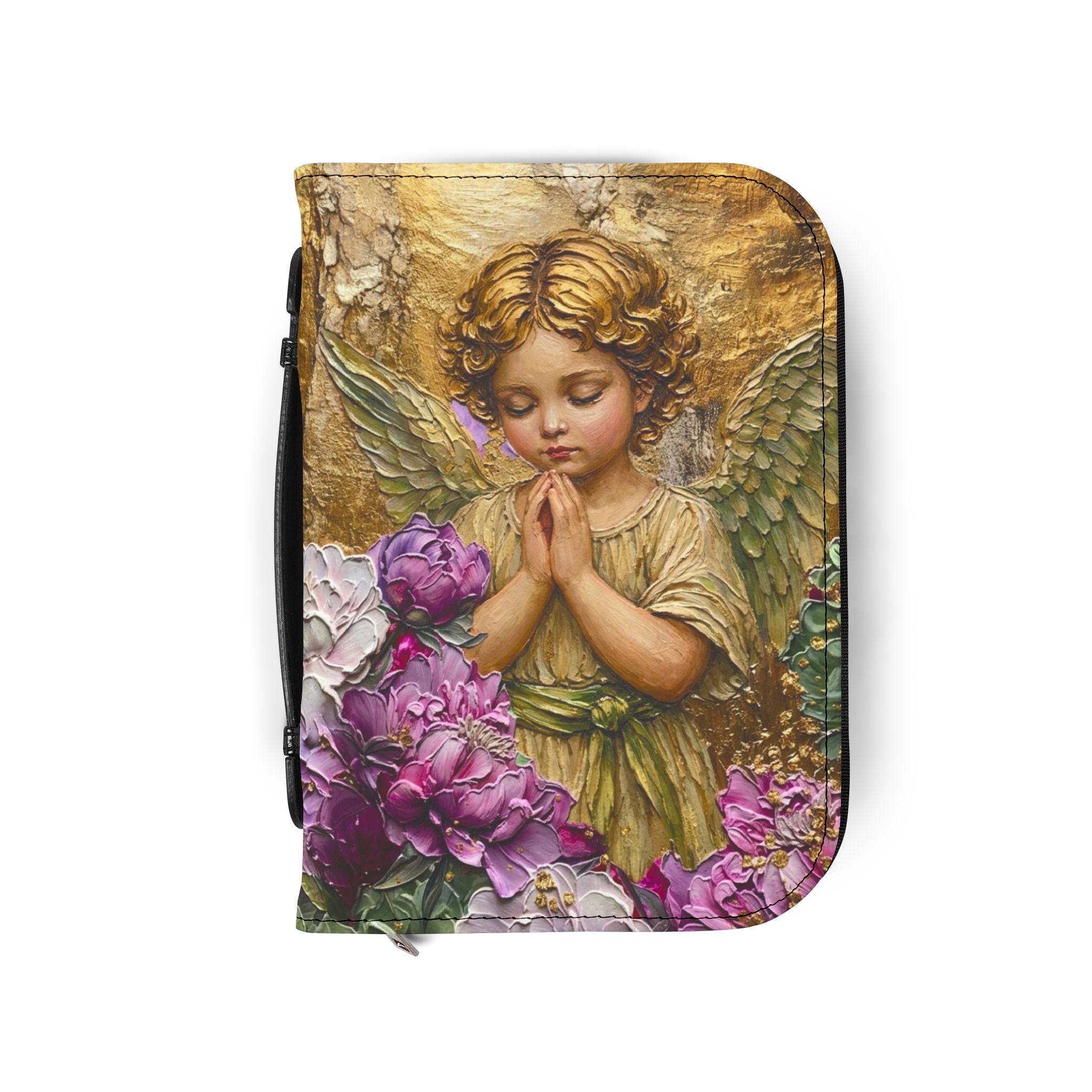 Praying Cherub with Flowers Bible Cover | Angel Artwork Zippered Case