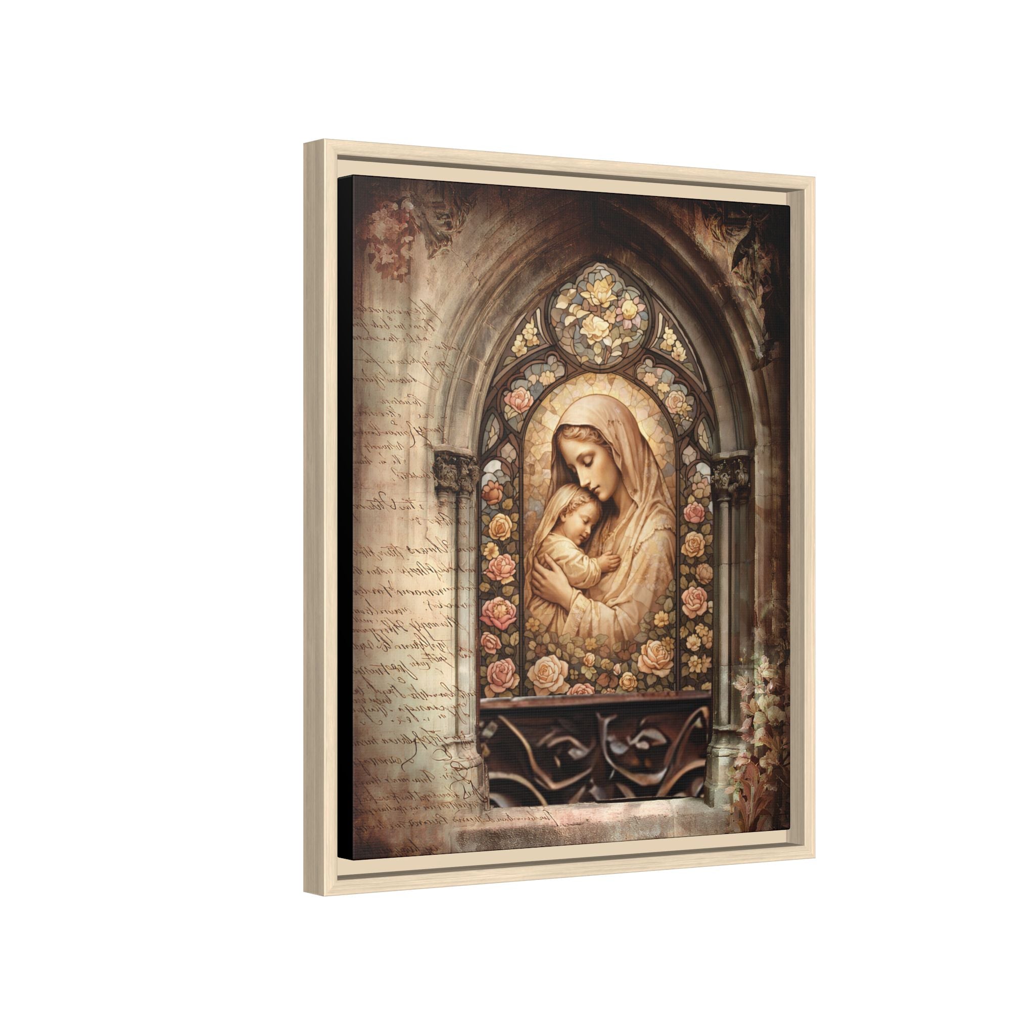 Gothic Window Madonna and Child Stained Glass Print Matte Canvas, Framed