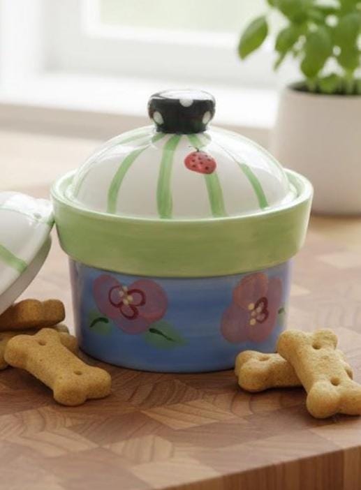 Hand Painted Ladybug Ceramic Treat Jar - Whimsical Floral Cookie Canister for Cottagecore Kitchen Decor