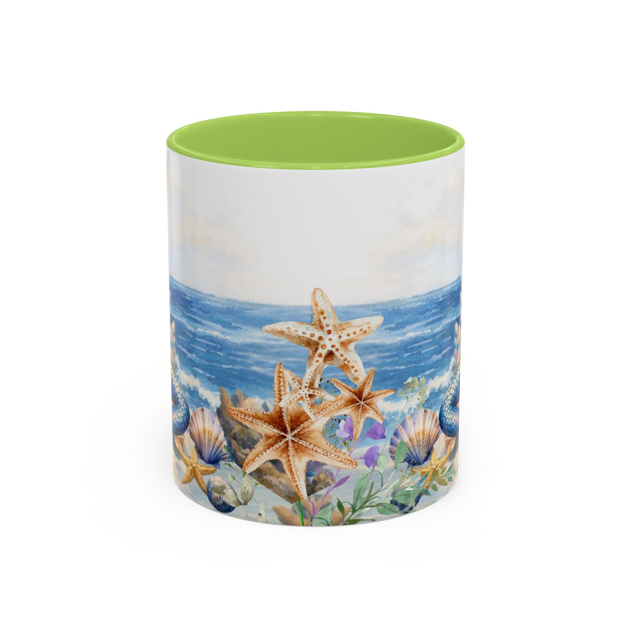 Mermaid Illustration Accent Coffee Mug | Seashells Starfish Ocean Scene