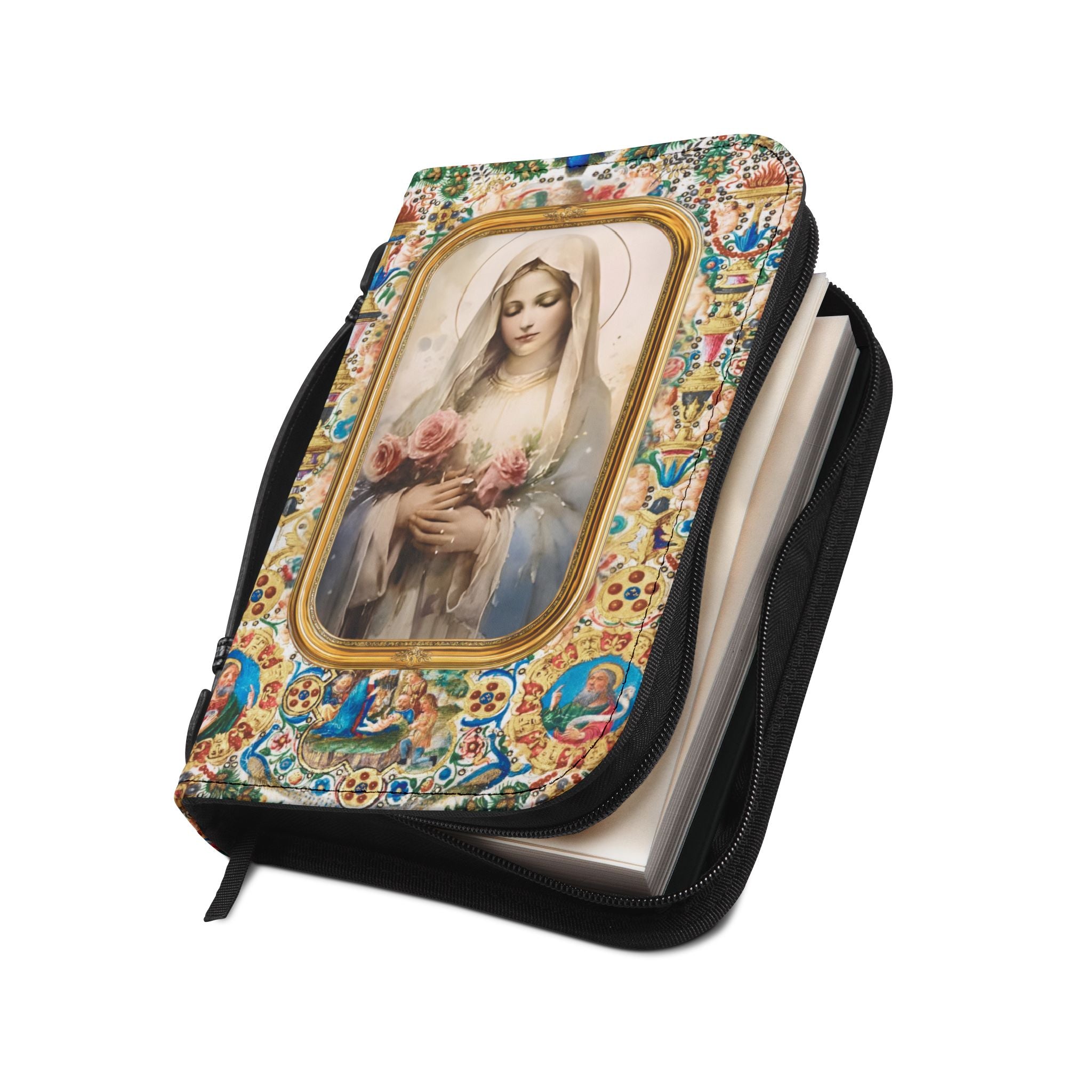 Virgin Mary Floral Icon Bible Cover | Zippered Scripture Holder Gift for Christian woman