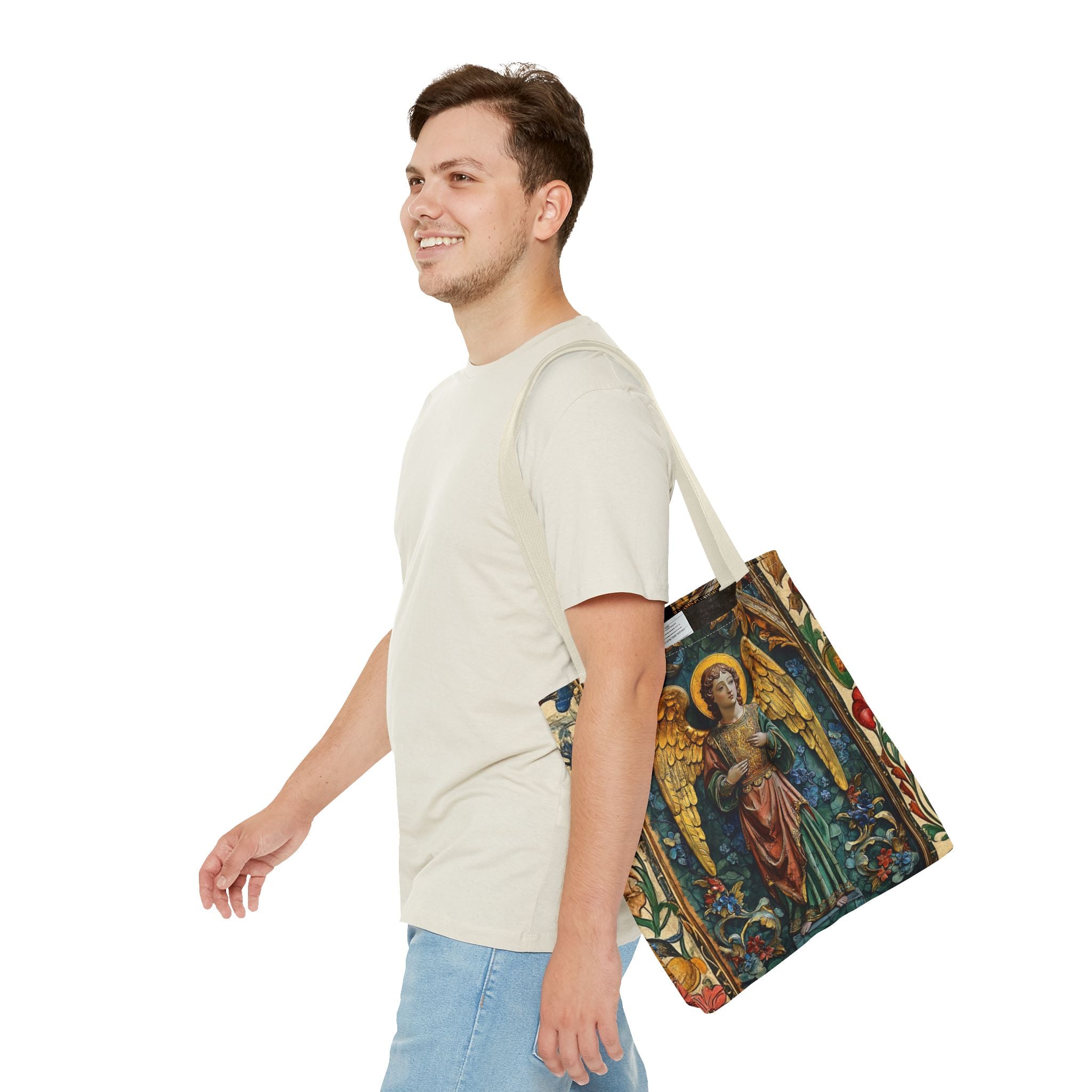 Medieval Manuscript Angel Tote | Ornate Religious Artwork, AOP Shoulder Bag Gift for Catholic