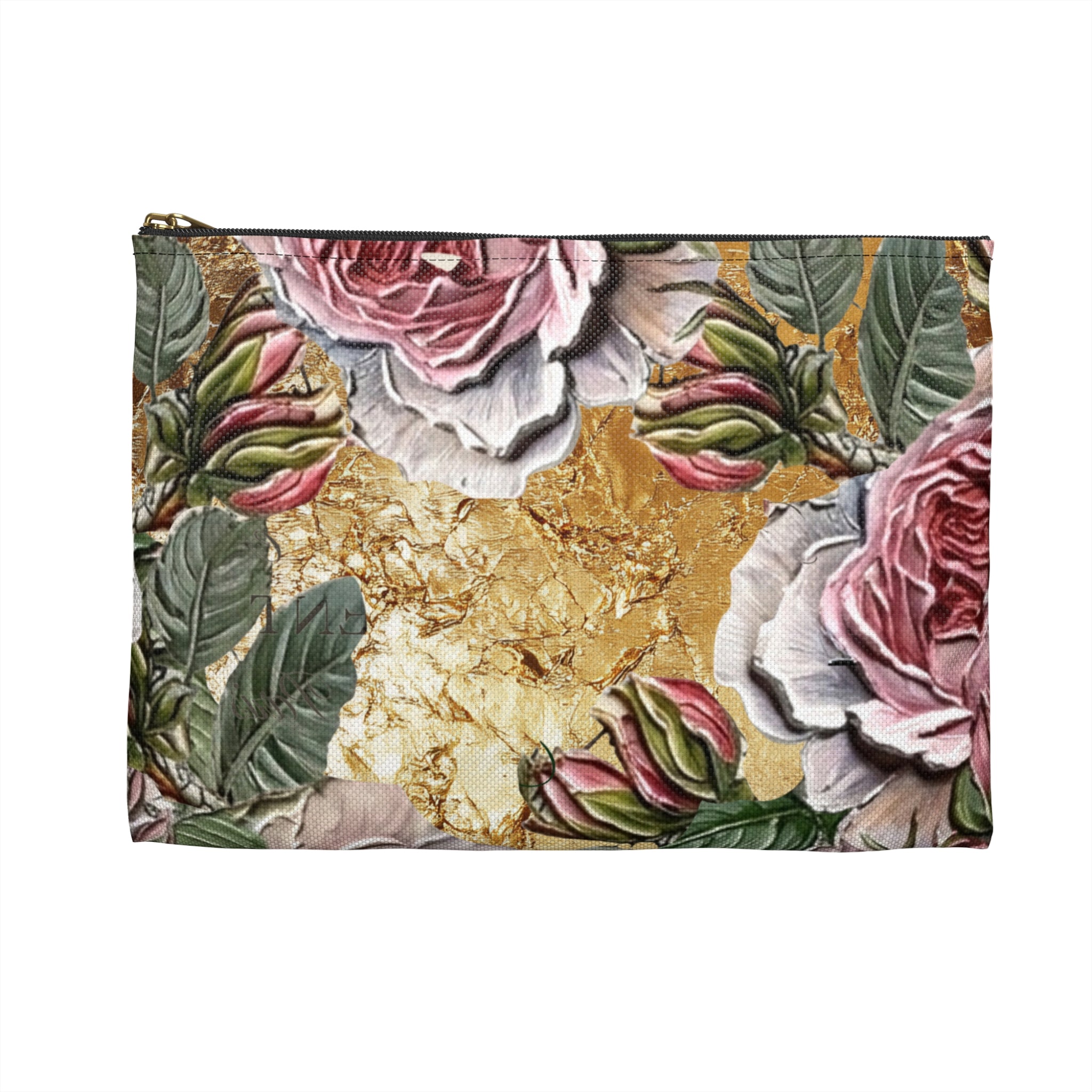 Vintage Pink Roses on Gold Marble Accessory Pouch | Floral Makeup Bag