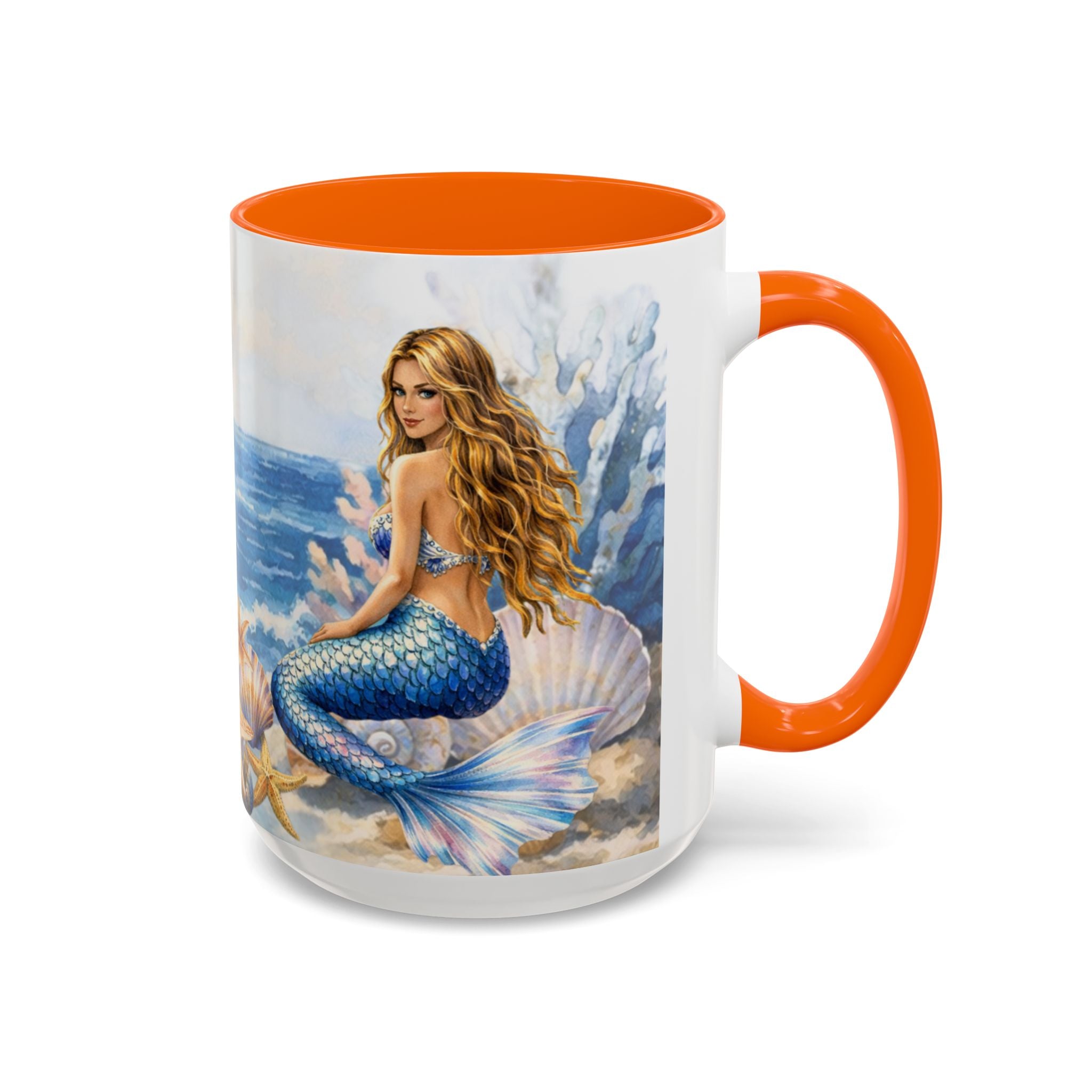 Mermaid Illustration Accent Coffee Mug | Seashells Starfish Ocean Scene