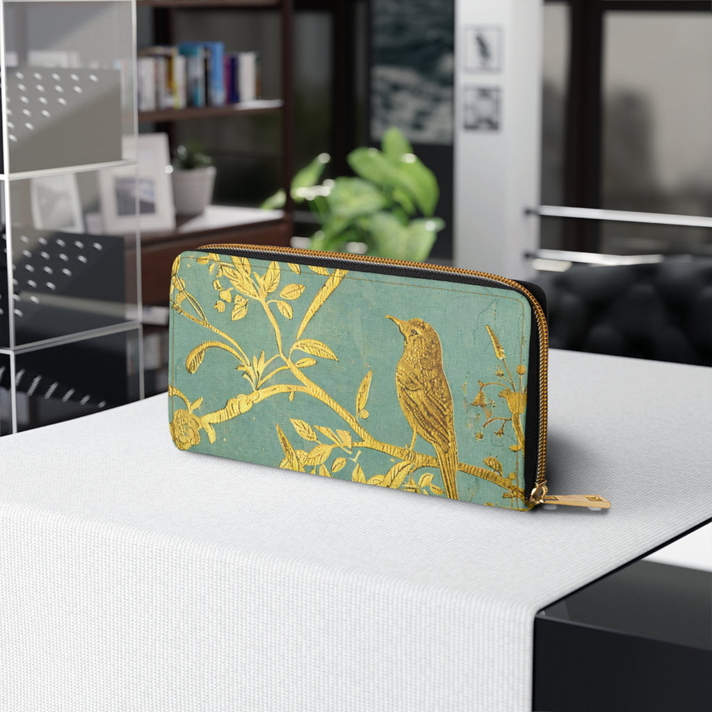 Gold Bird Branch print Zipper Wallet | Teal Botanical Pattern