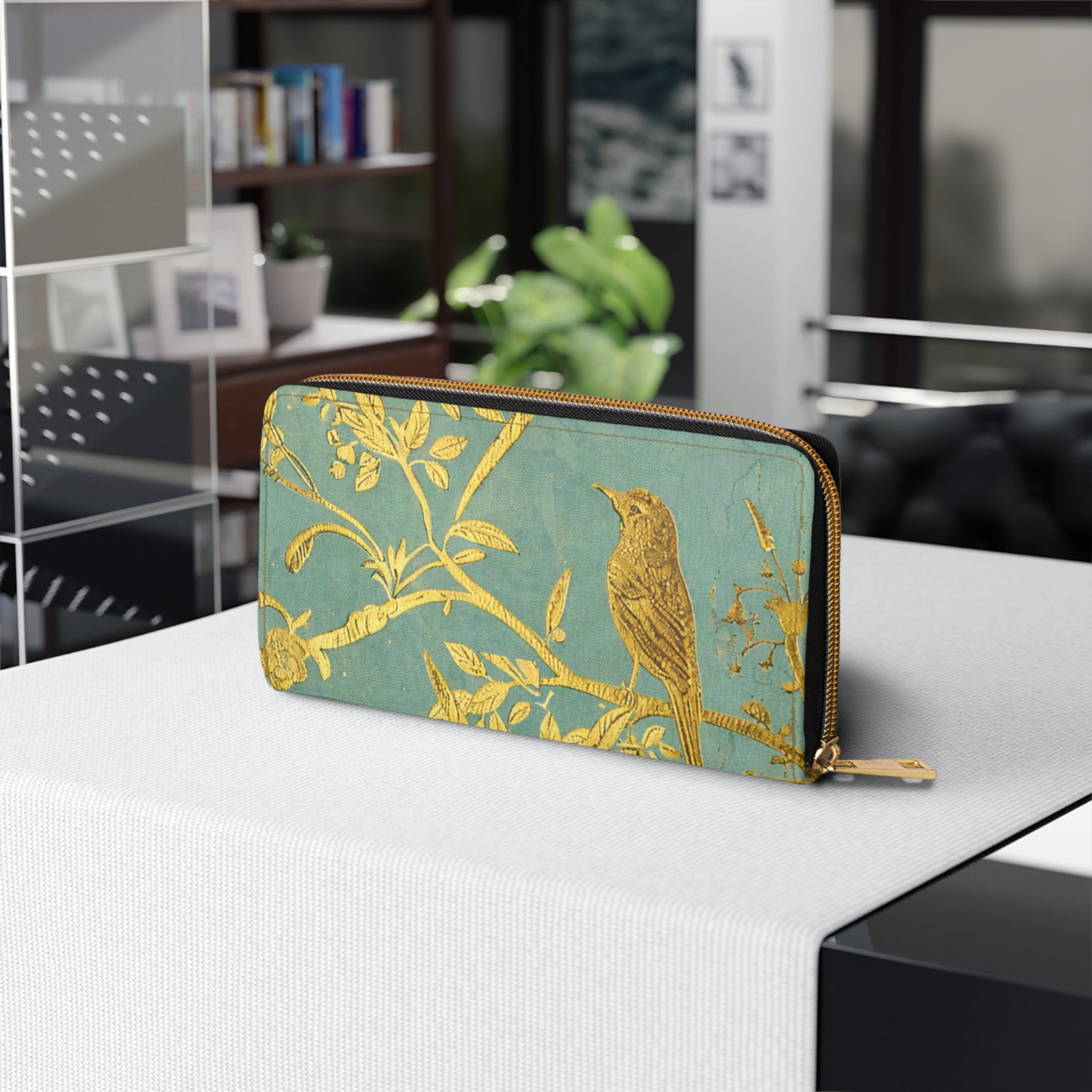 Gold Bird Branch print Zipper Wallet | Teal Botanical Pattern