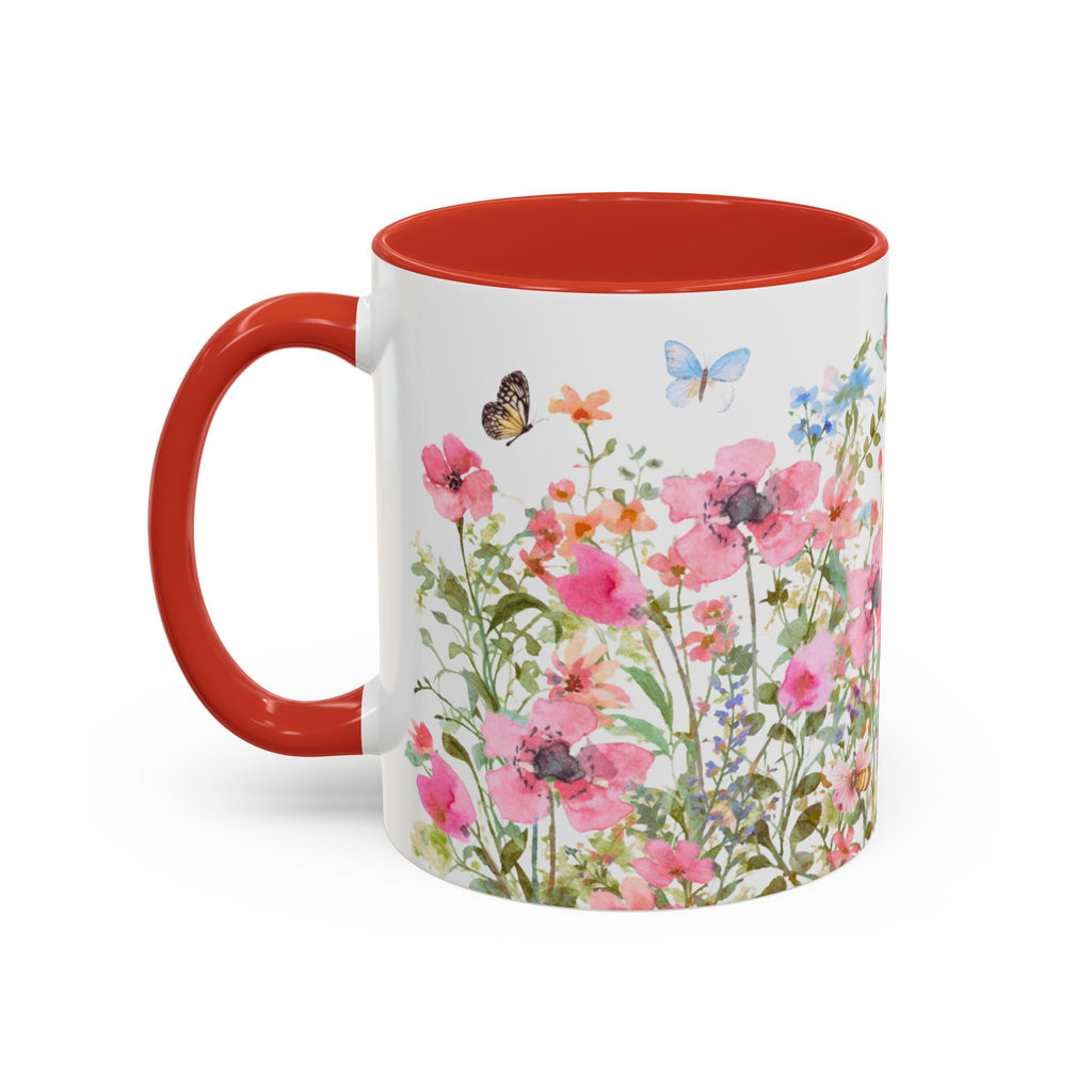 Floral Meadow Accent Coffee Mug — Pink Wildflowers & Butterflies (11oz, 15oz)