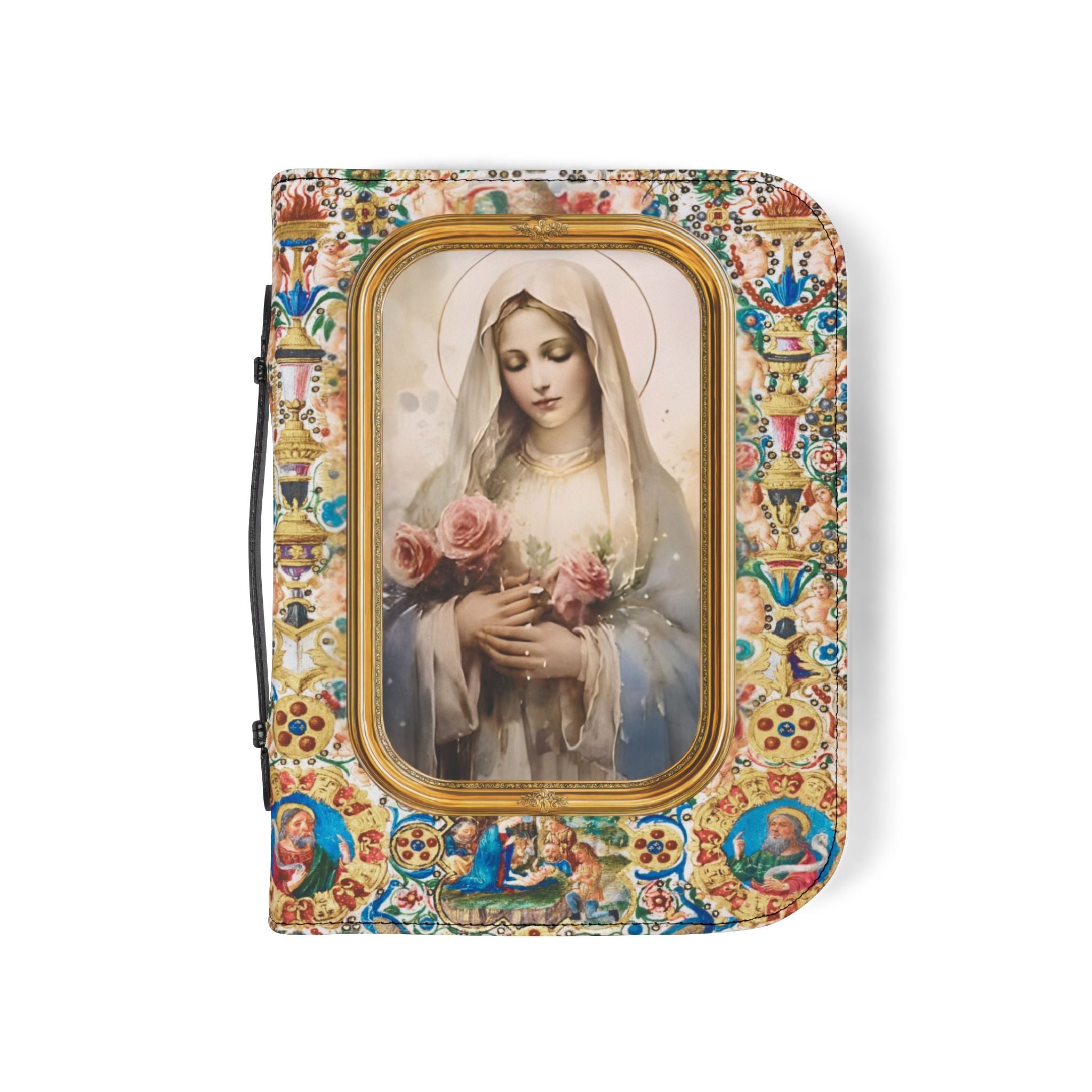 Virgin Mary Floral Icon Bible Cover | Zippered Scripture Holder Gift for Christian woman