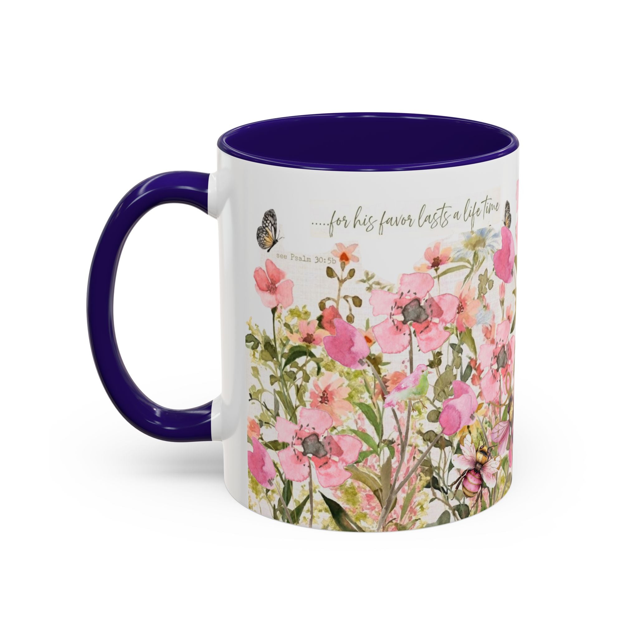 Pink Watercolor Wildflowers Mug | Butterfly Accent Scripture Coffee Cup Gift for Her
