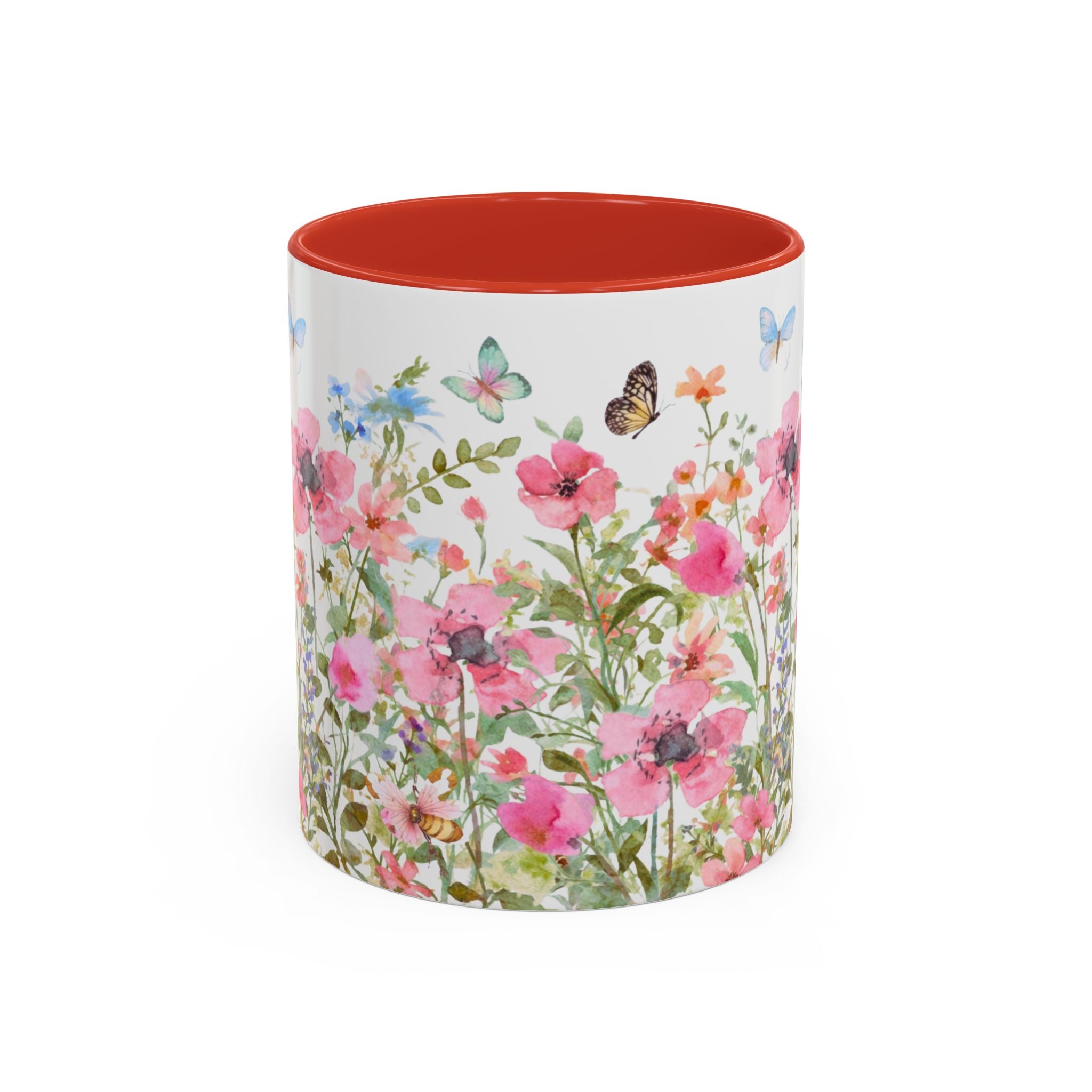 Floral Meadow Accent Coffee Mug — Pink Wildflowers & Butterflies (11oz, 15oz)
