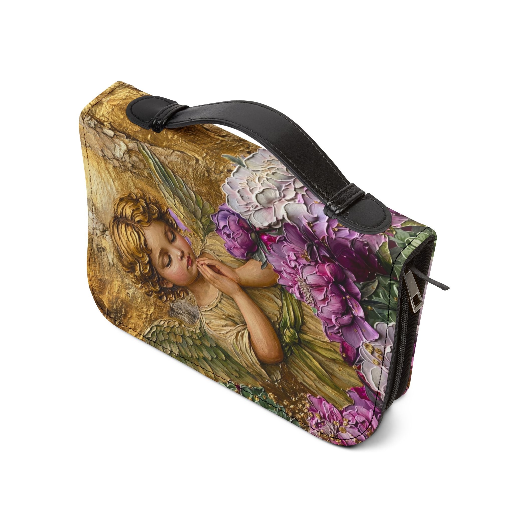 Praying Cherub with Flowers Bible Cover | Angel Artwork Zippered Case