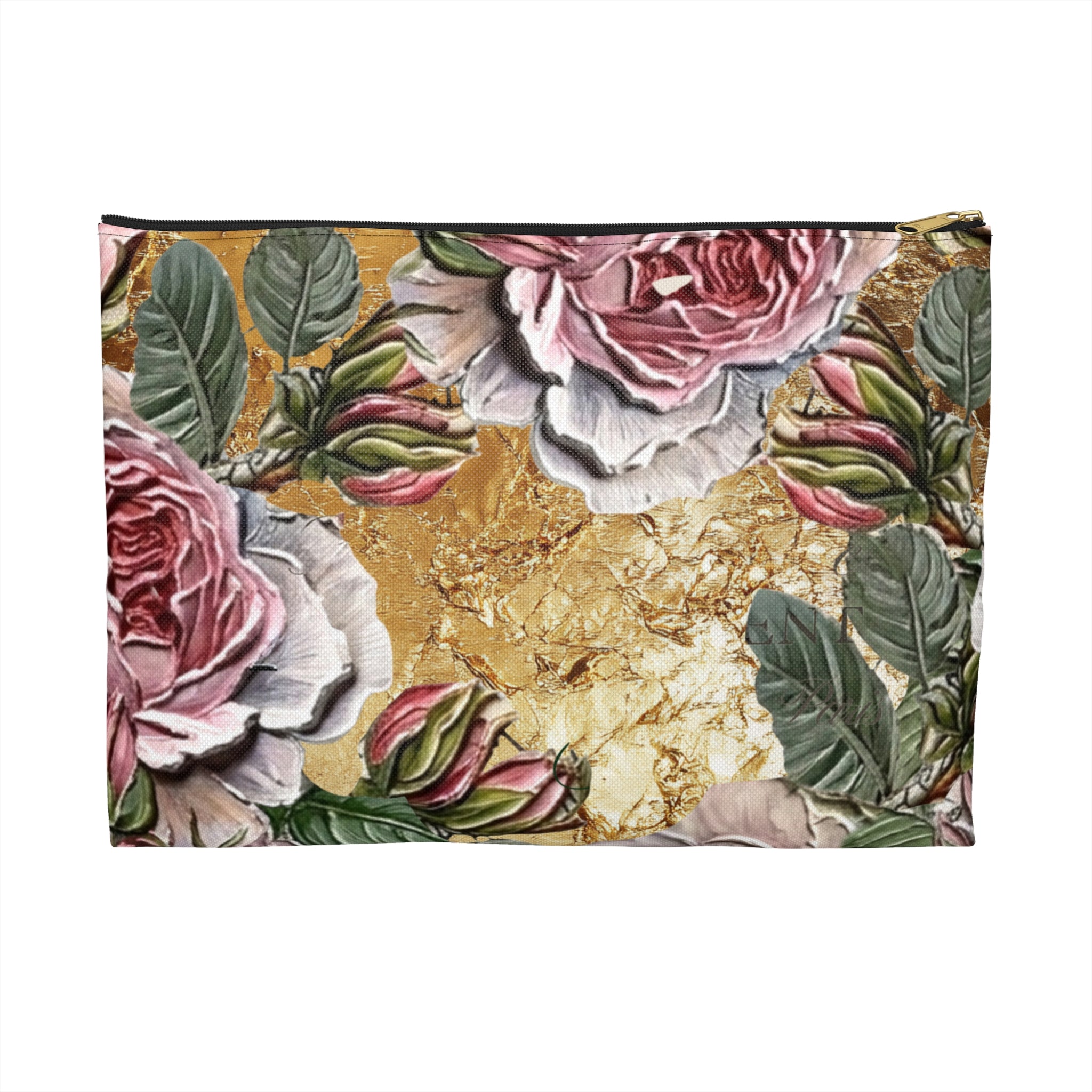 Vintage Pink Roses on Gold Marble Accessory Pouch | Floral Makeup Bag