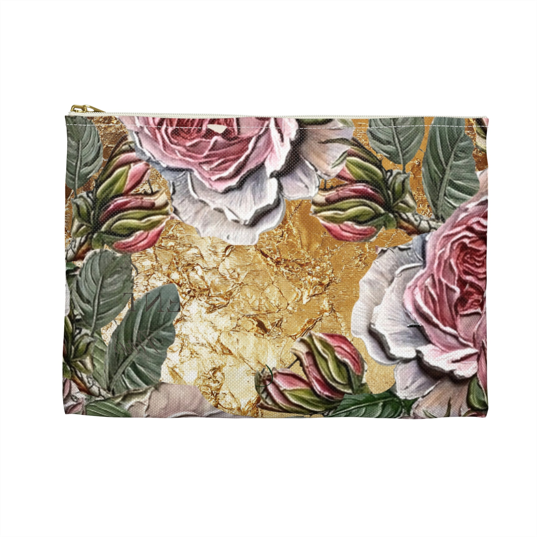 Vintage Pink Roses on Gold Marble Accessory Pouch | Floral Makeup Bag