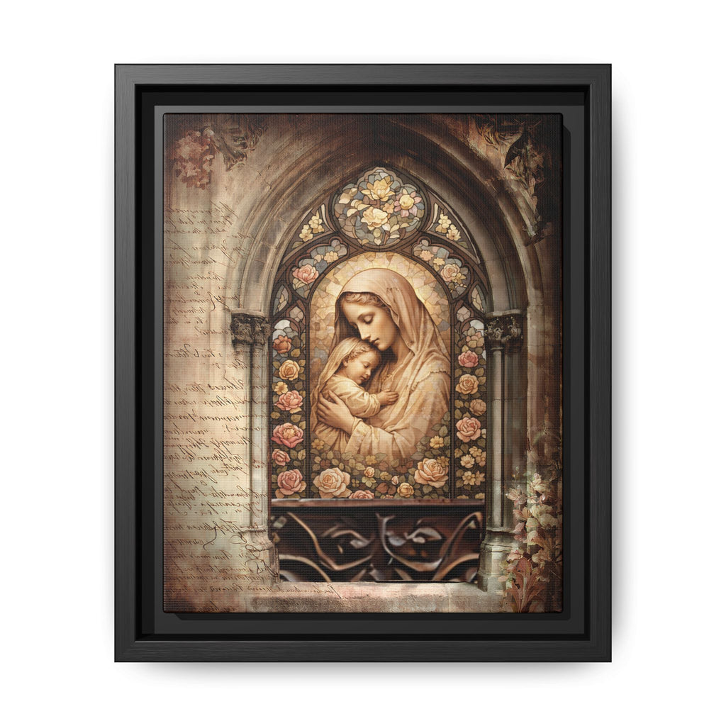 Gothic Window Madonna and Child Stained Glass Print Matte Canvas, Framed