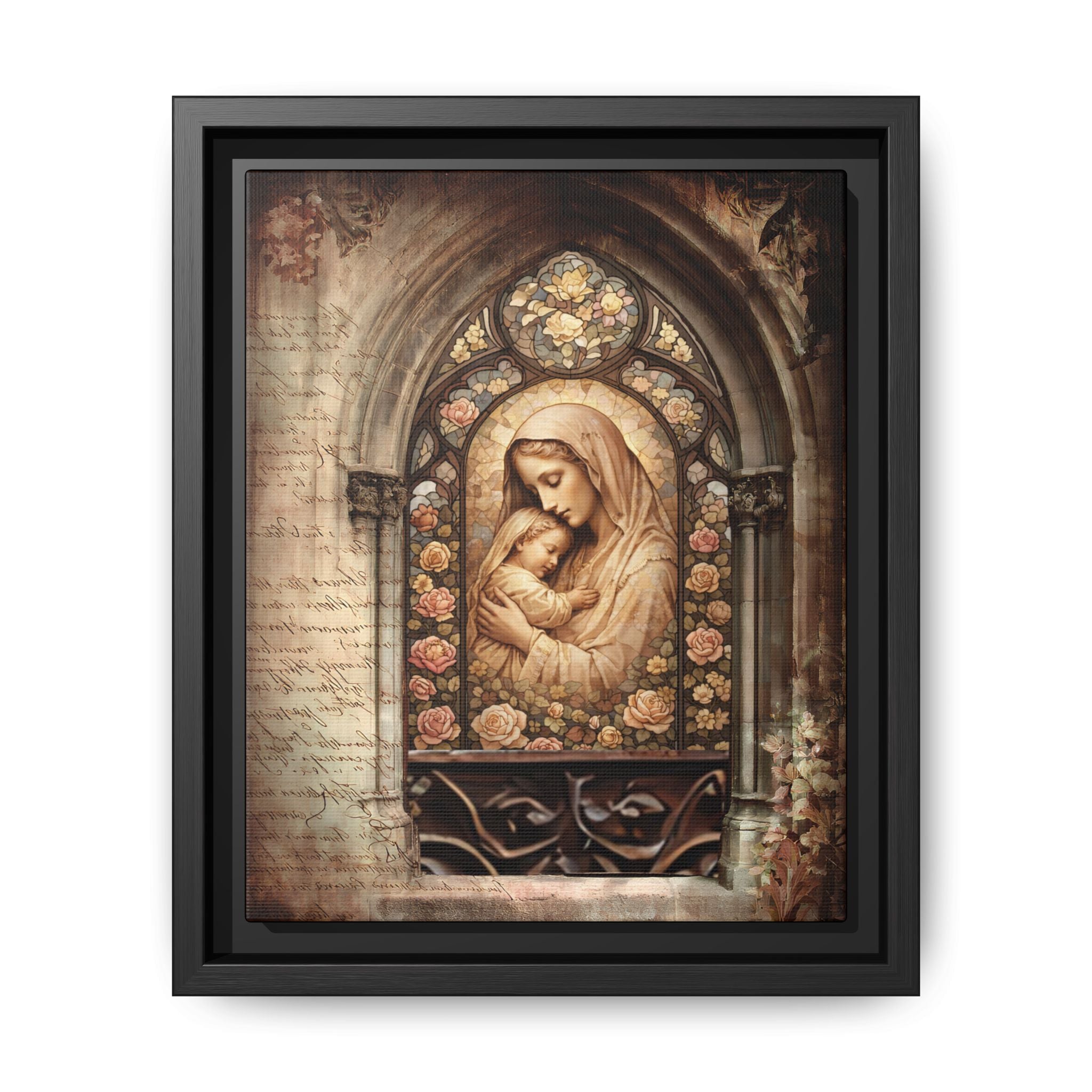 Gothic Window Madonna and Child Stained Glass Print Matte Canvas, Framed