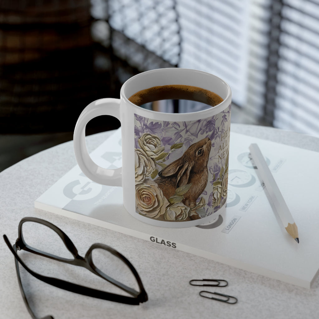 He Makes All Things New Again mug | Floral bird scripture design