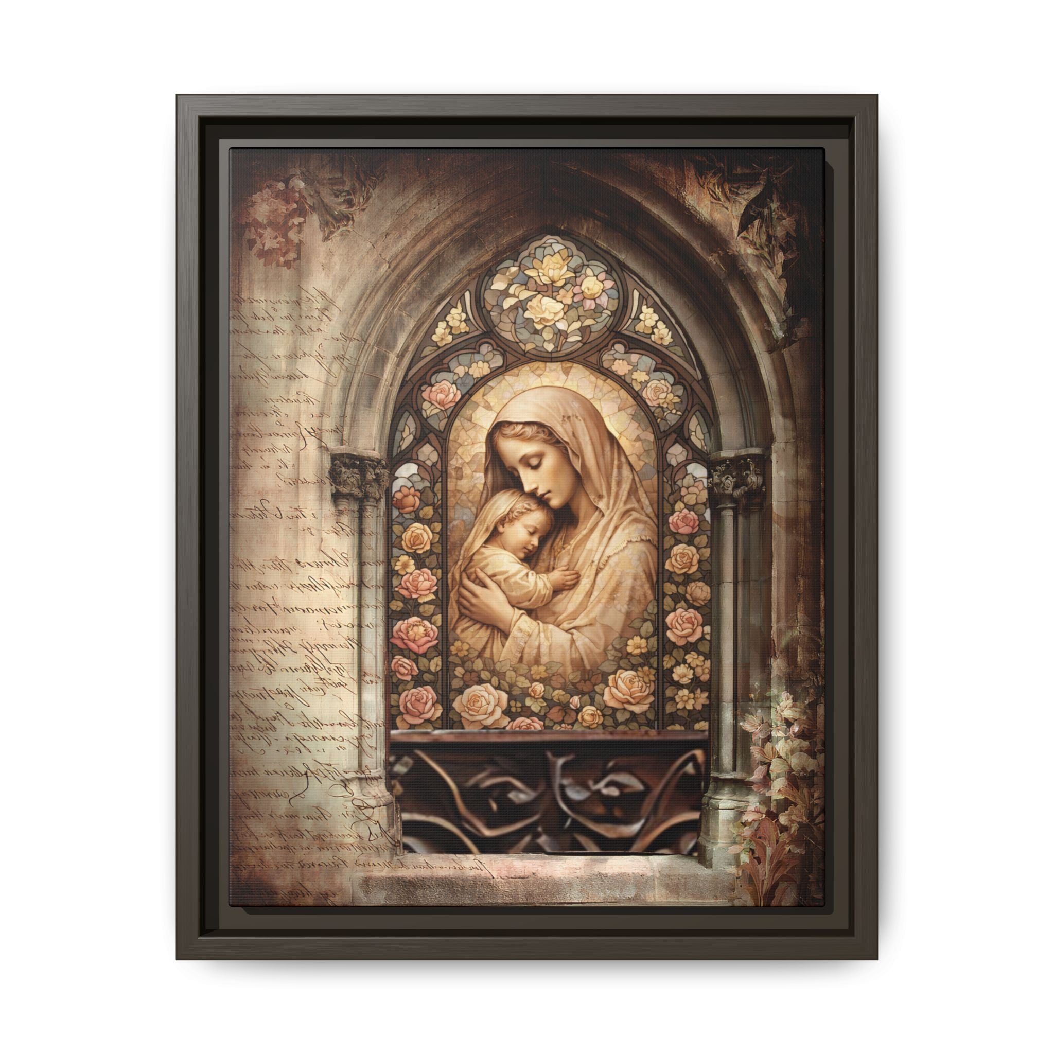 Gothic Window Madonna and Child Stained Glass Print Matte Canvas, Framed