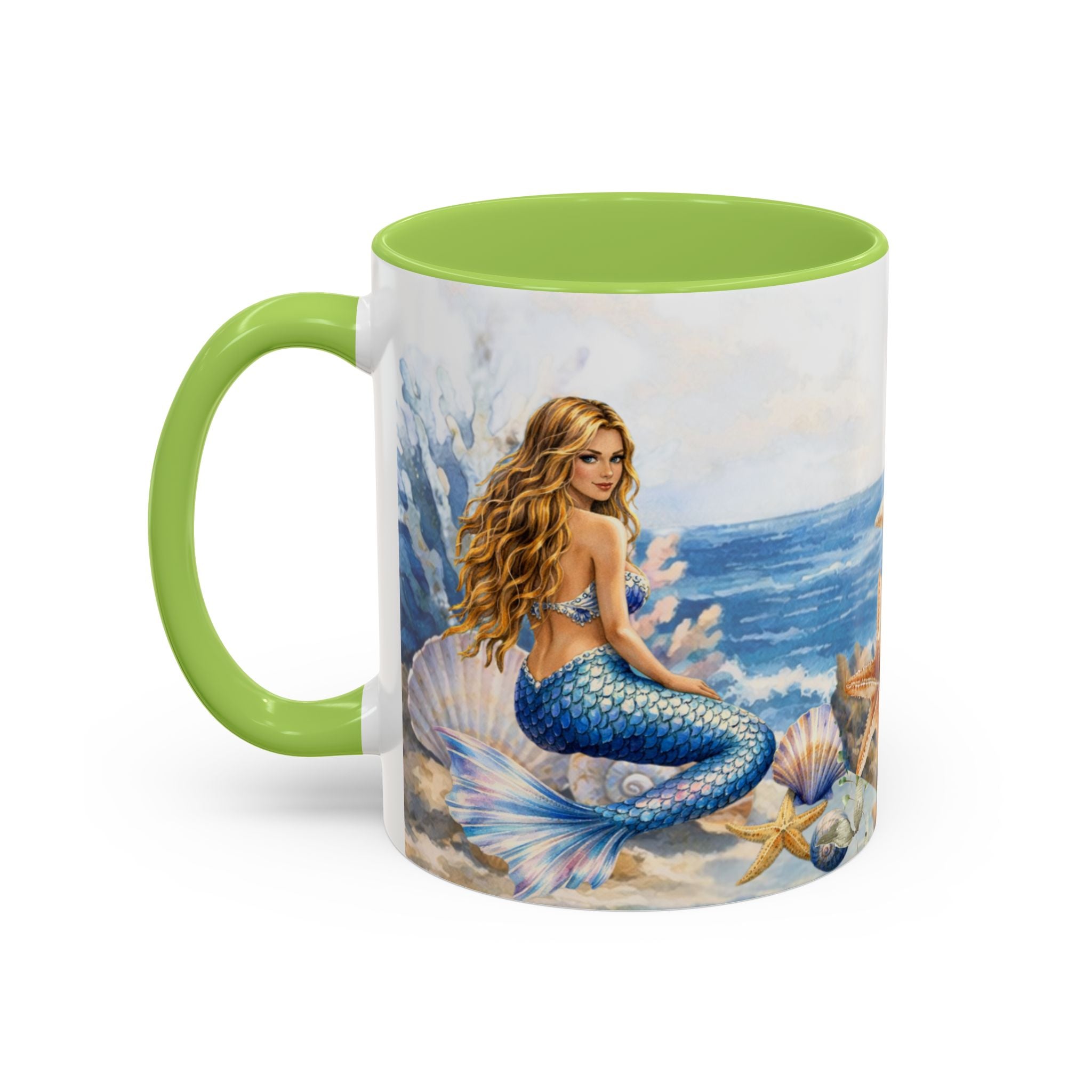 Mermaid Illustration Accent Coffee Mug | Seashells Starfish Ocean Scene