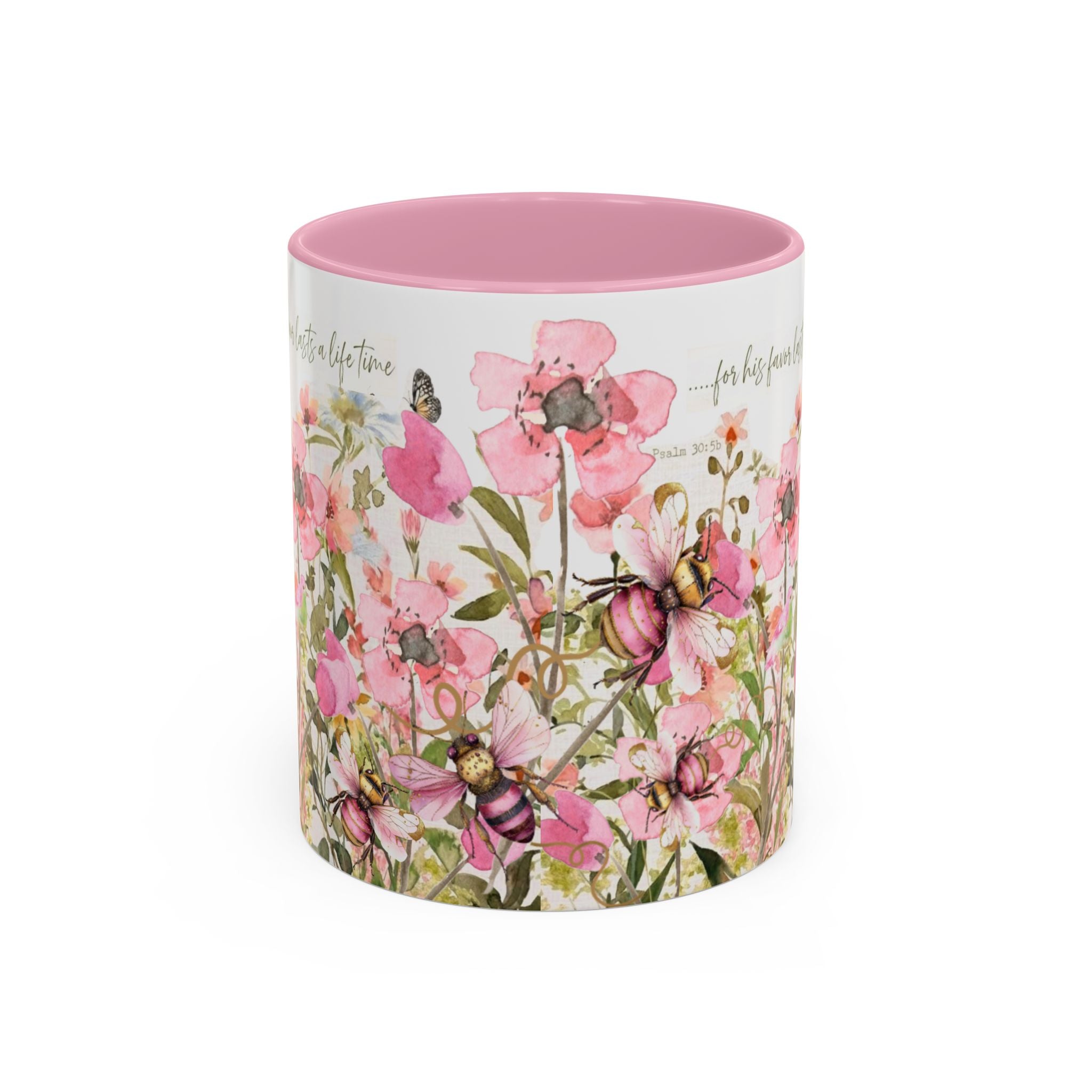 Pink Watercolor Wildflowers Mug | Butterfly Accent Scripture Coffee Cup Gift for Her