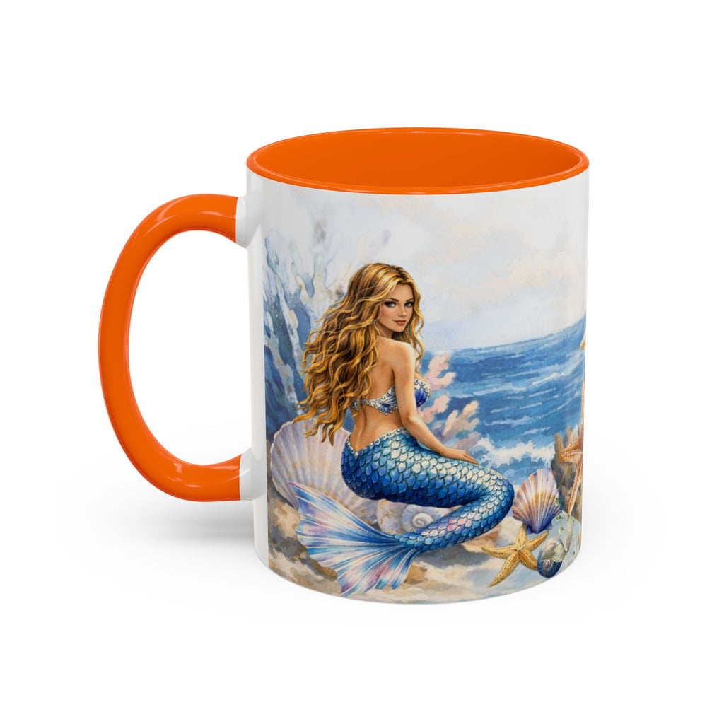 Mermaid Illustration Accent Coffee Mug | Seashells Starfish Ocean Scene
