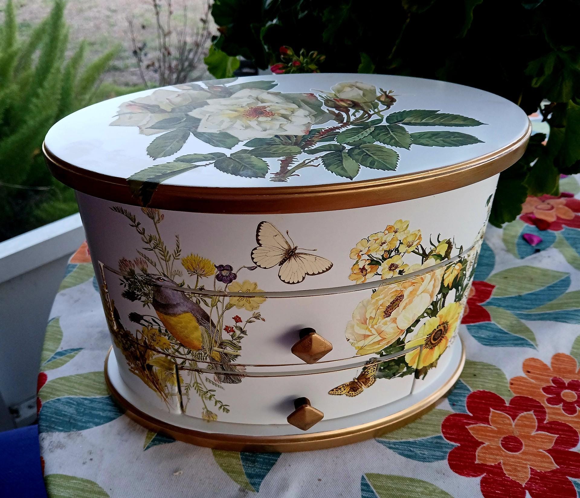 Oval Jewelry Box with Mirror | Hand-Painted Wooden Floral Bird Design, Vintage Vanity Chest
