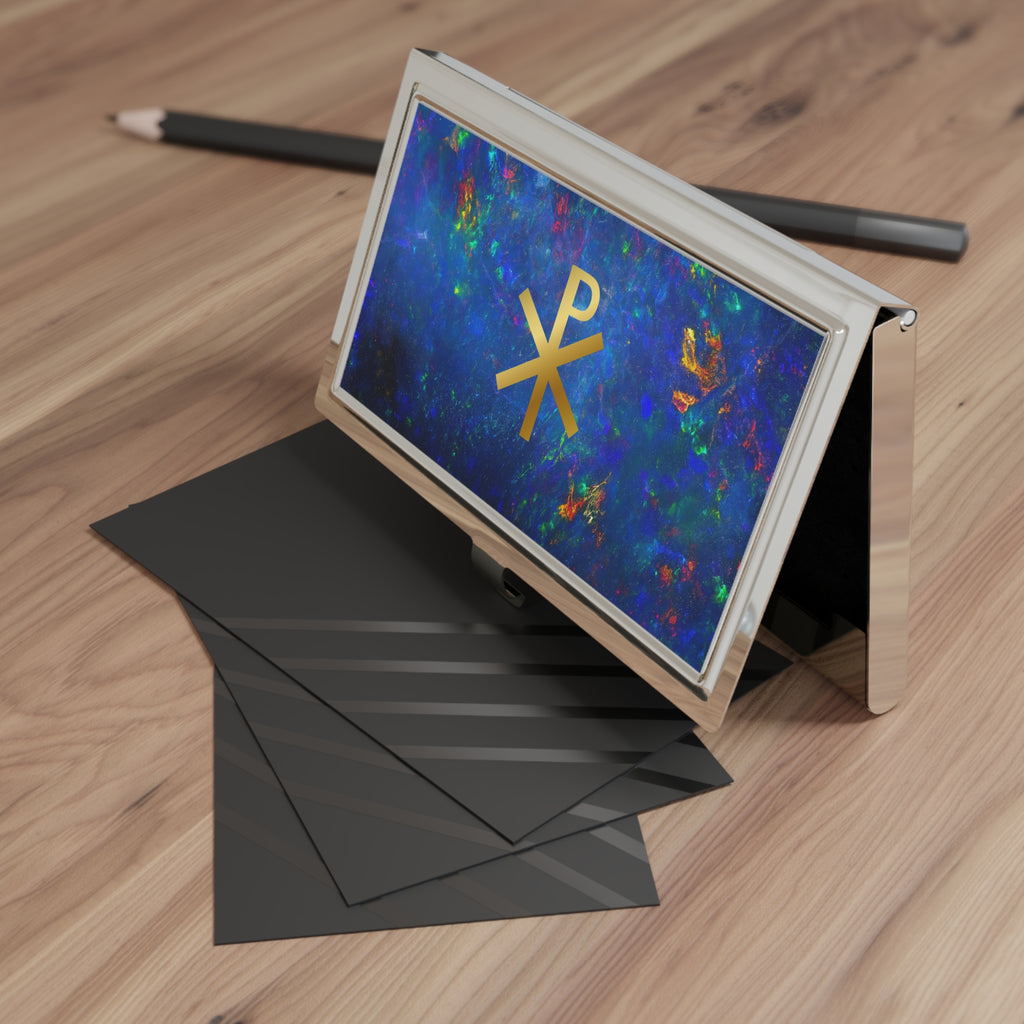 Gold Chi Rho symbol Business Card Holder | Blue Ethiopian opal 3D Image metal case