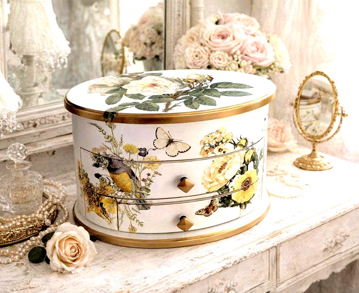 Oval Jewelry Box with Mirror | Hand-Painted Wooden Floral Bird Design, Vintage Vanity Chest