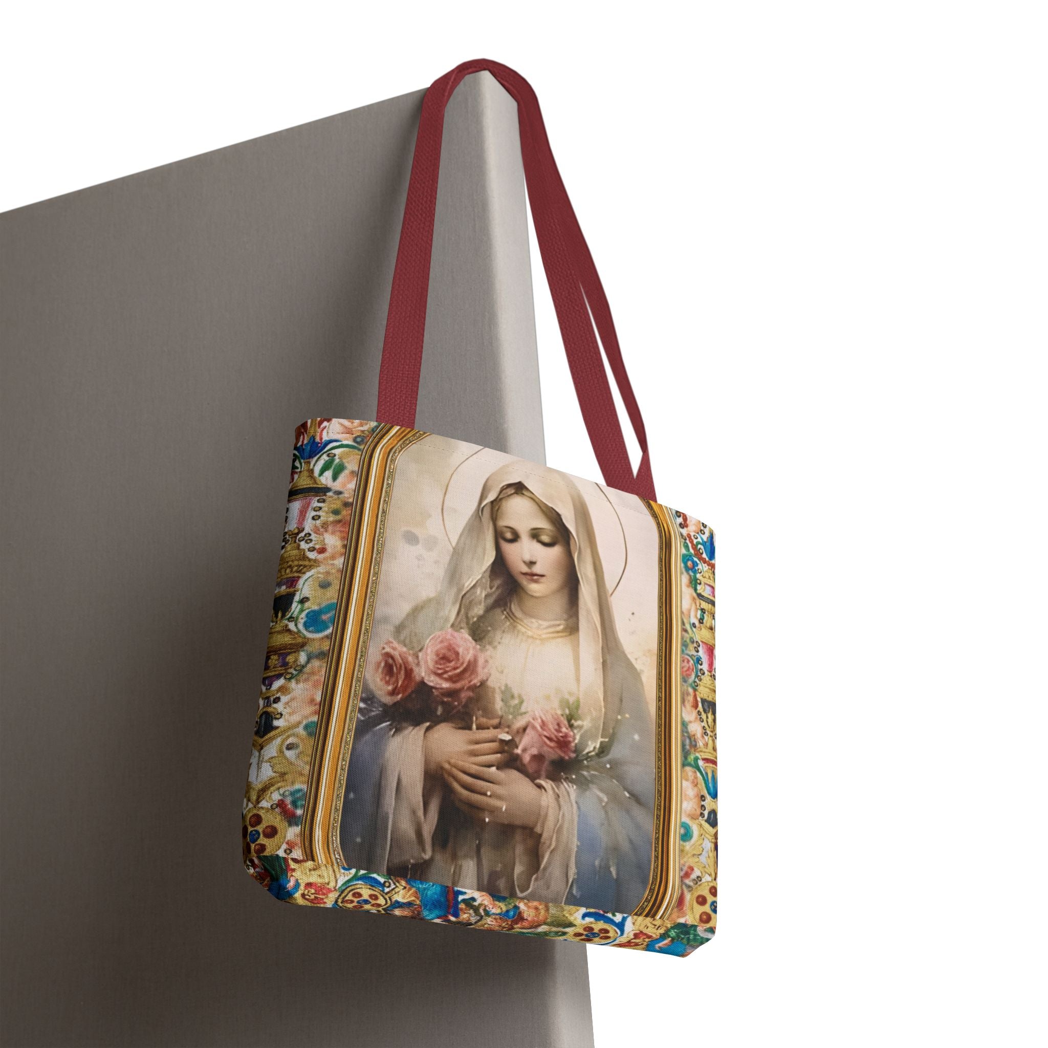 Virgin Mary portrait Tote Bag | Religious Madonna illustration, roses