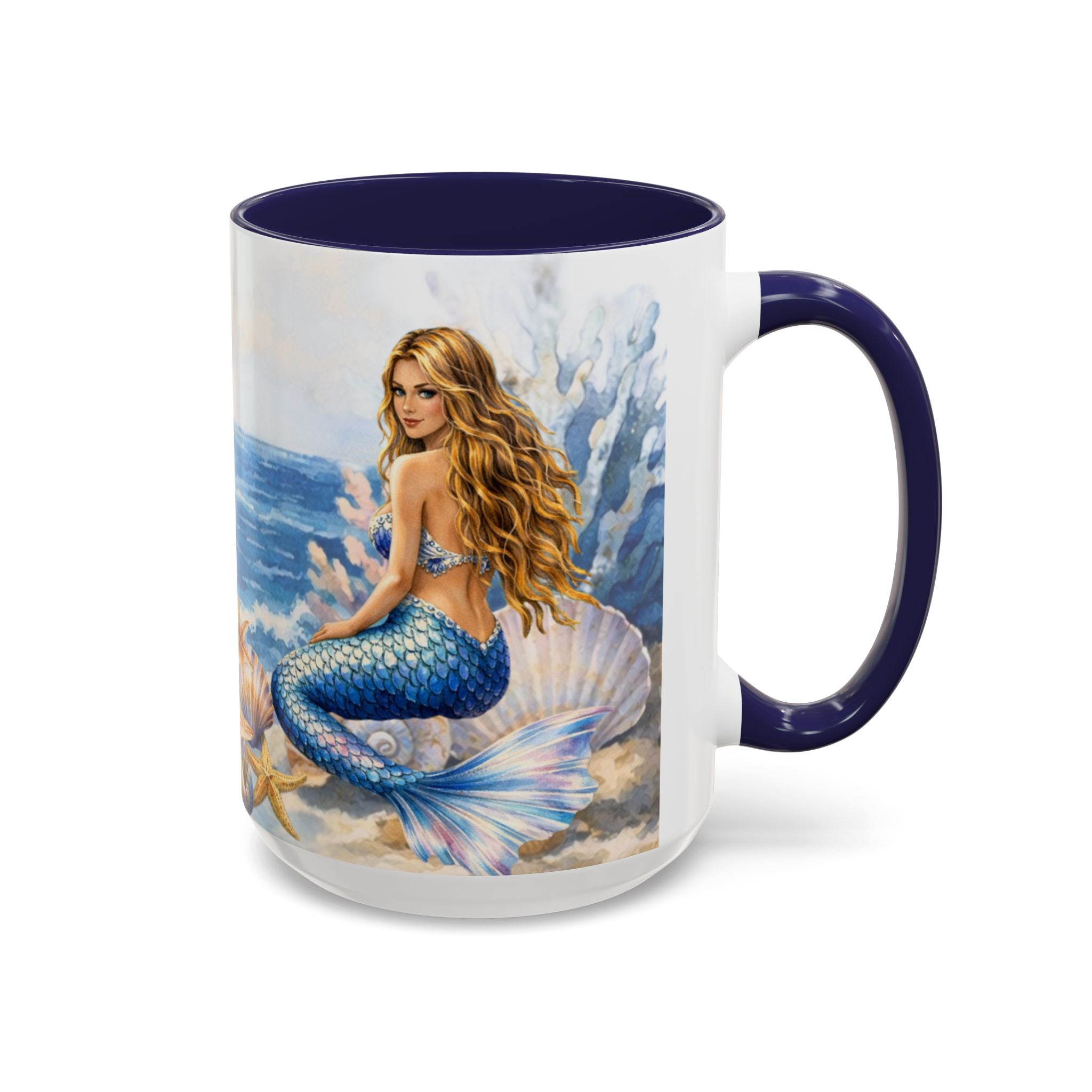Mermaid Illustration Accent Coffee Mug | Seashells Starfish Ocean Scene