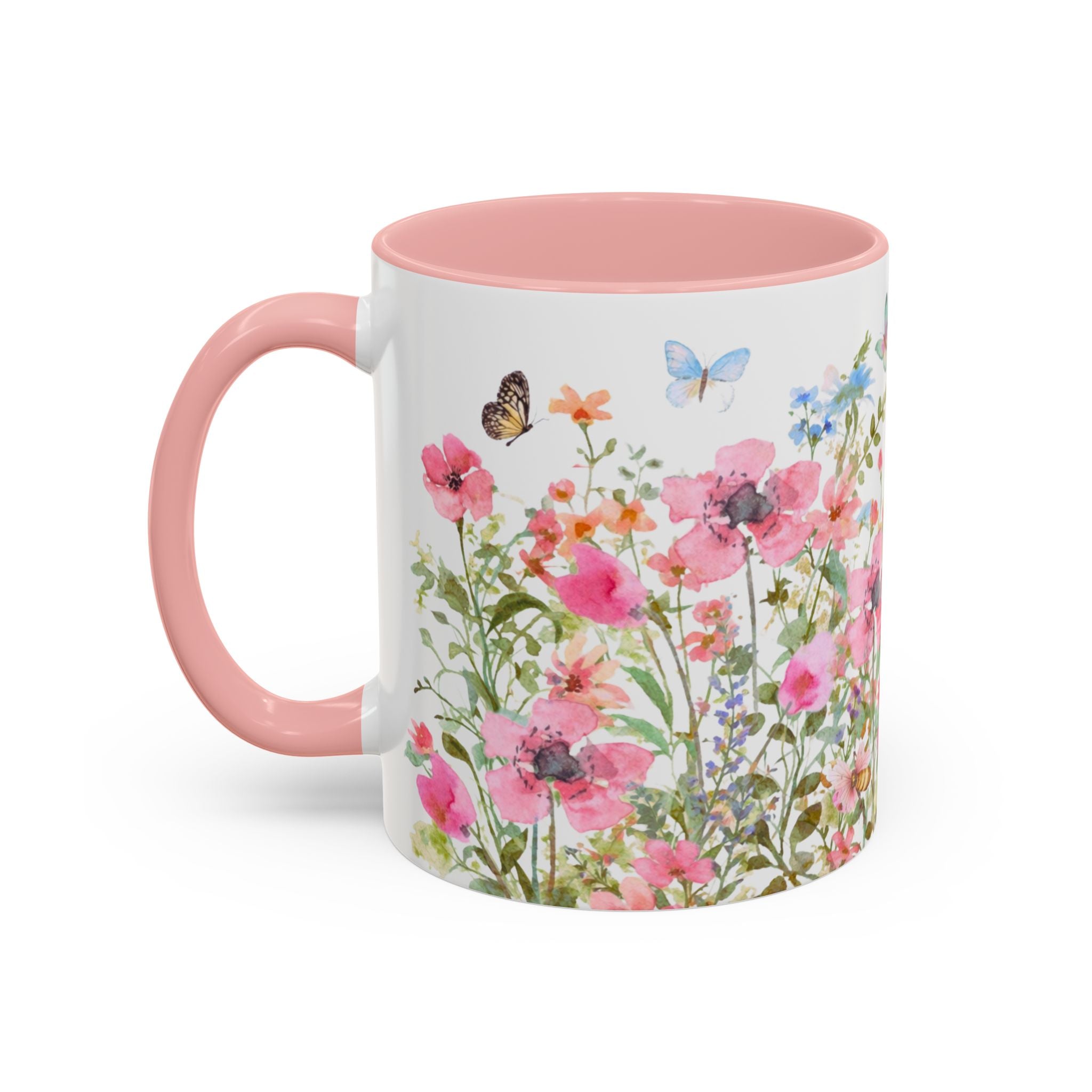 Floral Meadow Accent Coffee Mug — Pink Wildflowers & Butterflies (11oz, 15oz)