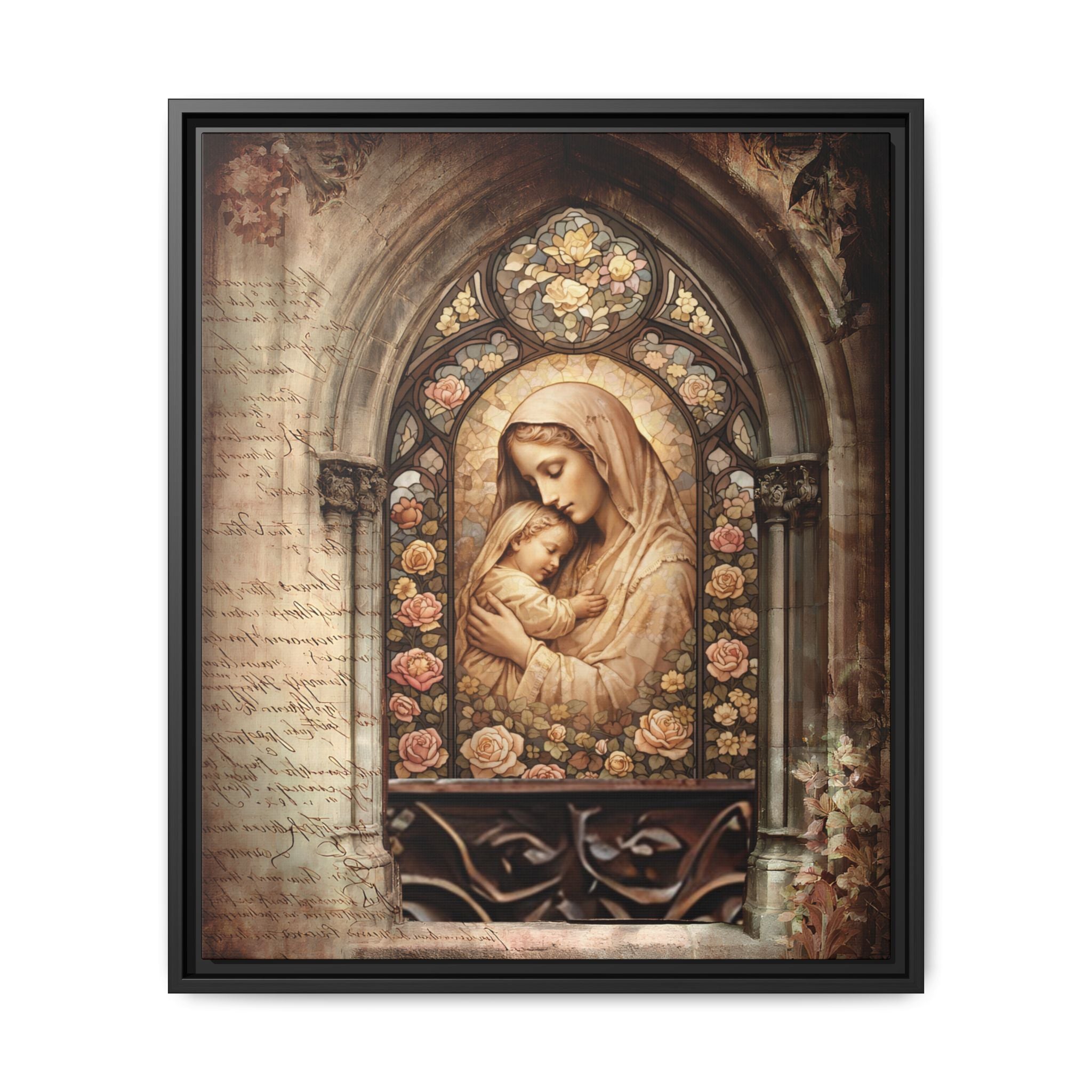Gothic Window Madonna and Child Stained Glass Print Matte Canvas, Framed