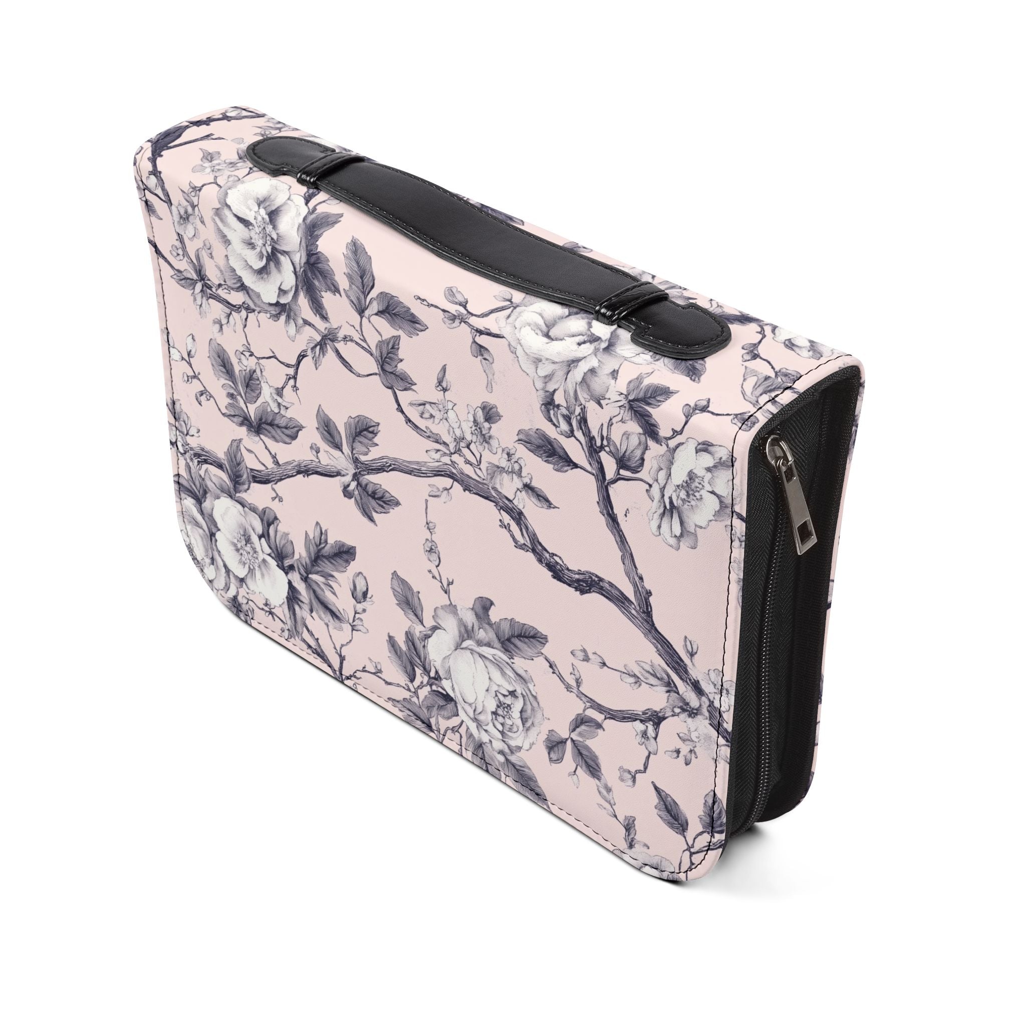 Pink White Botanical Toile Bible Cover | Floral Design | Christian Gift | Vegan Bible Case with Handle & Zipper | Bible Study Accessory