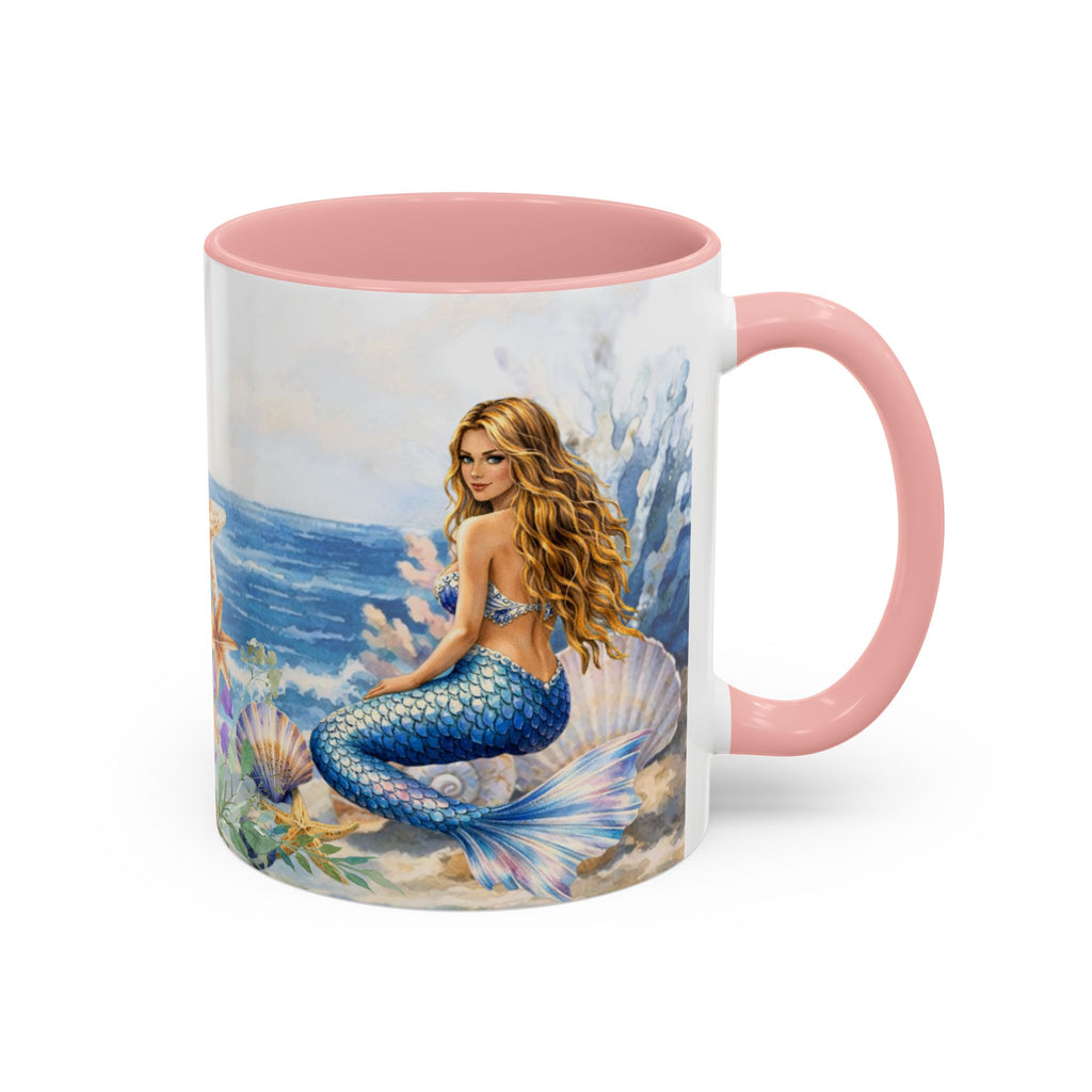 Mermaid Illustration Accent Coffee Mug | Seashells Starfish Ocean Scene