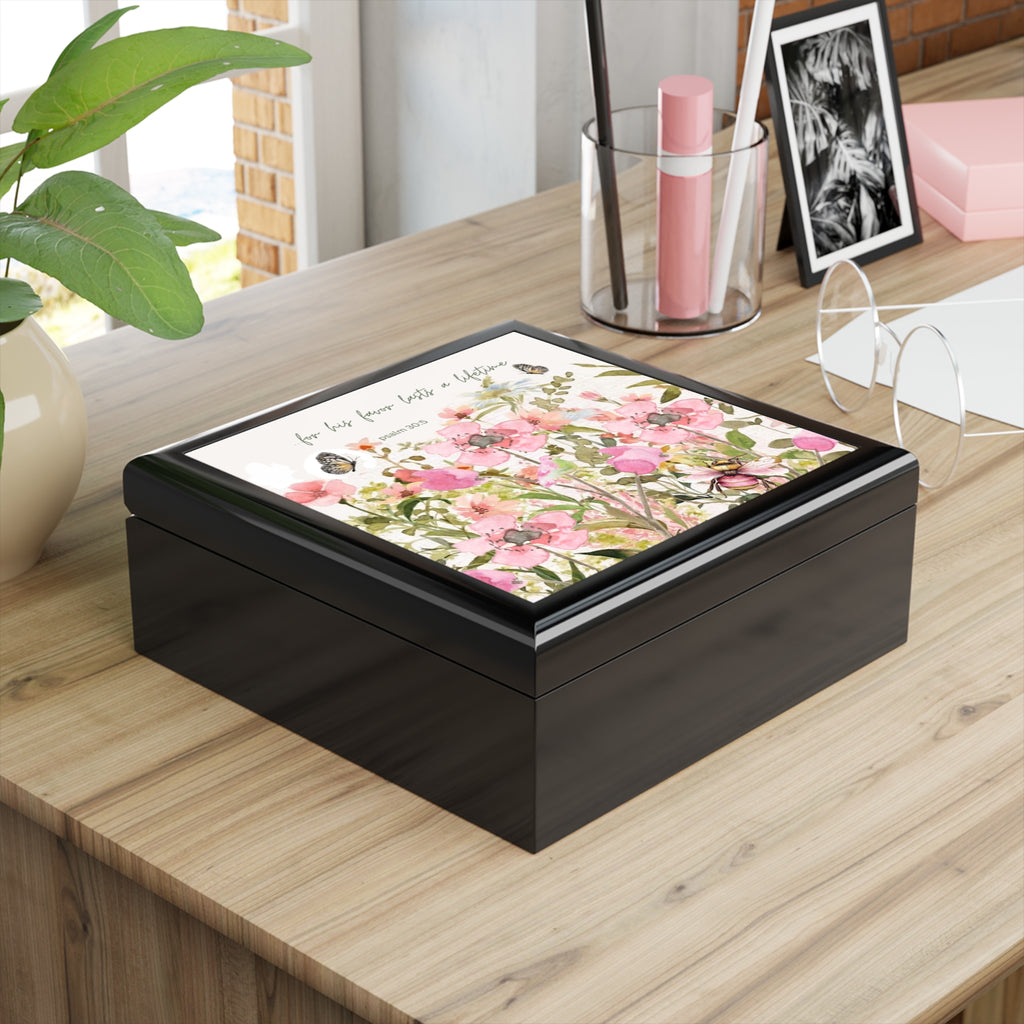 Pink Watercolor Wildflowers Jewelry Box | Psalm 30:5 Floral Keepsake