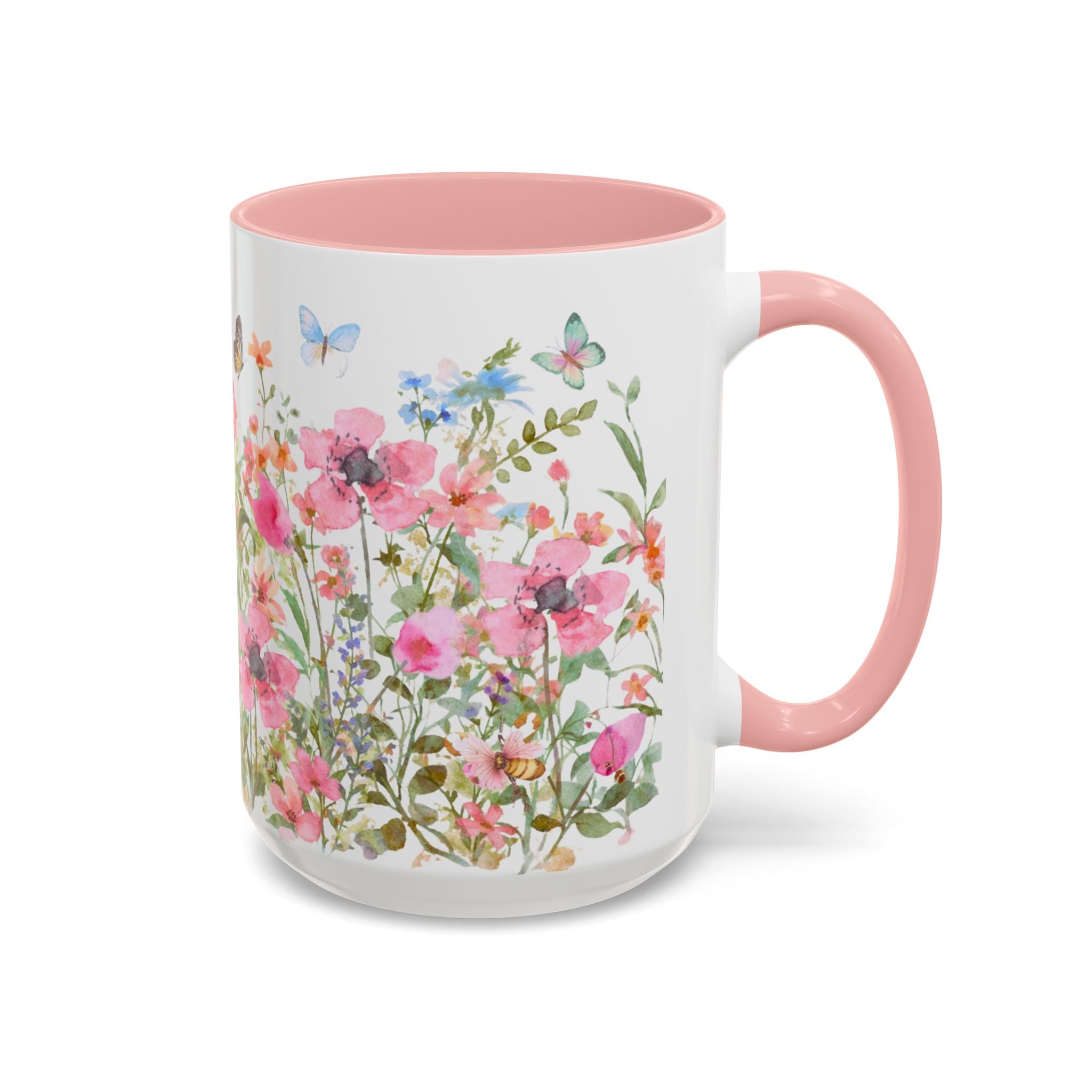 Floral Meadow Accent Coffee Mug — Pink Wildflowers & Butterflies (11oz, 15oz)