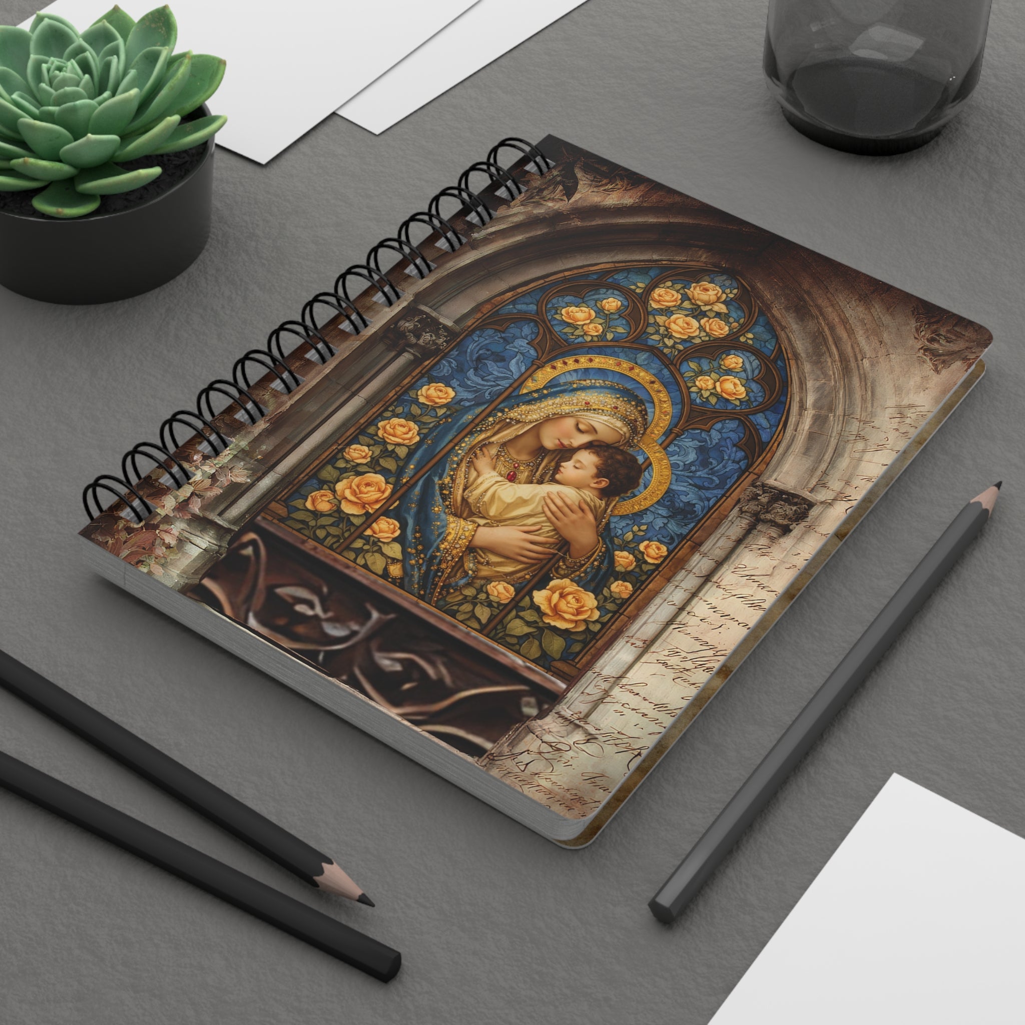 Gothic Madonna and Child Spiral Bound Journal | Vintage Church Window Notebook
