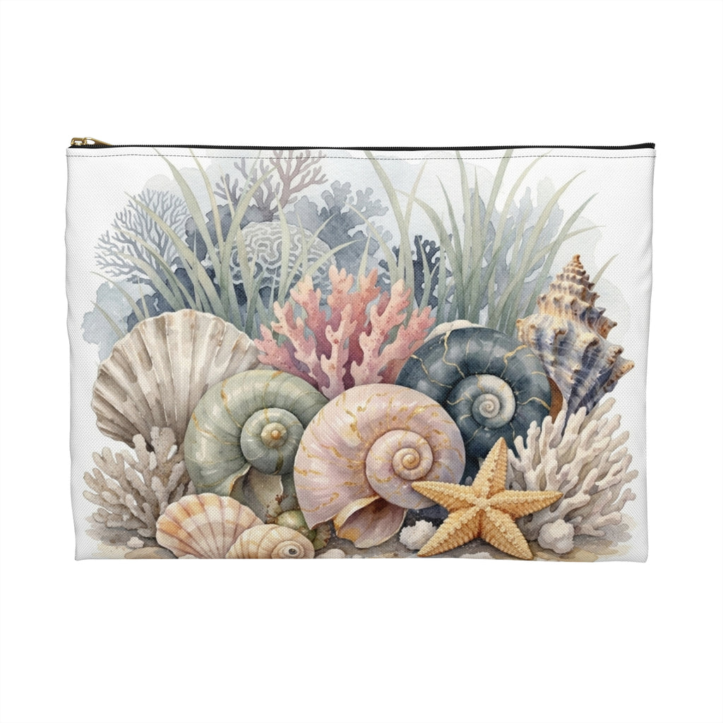 Sea Shell Collage Accessory Pouch | Beach Shell Print Coin Purse | Coastal Beach Toiletry Bag