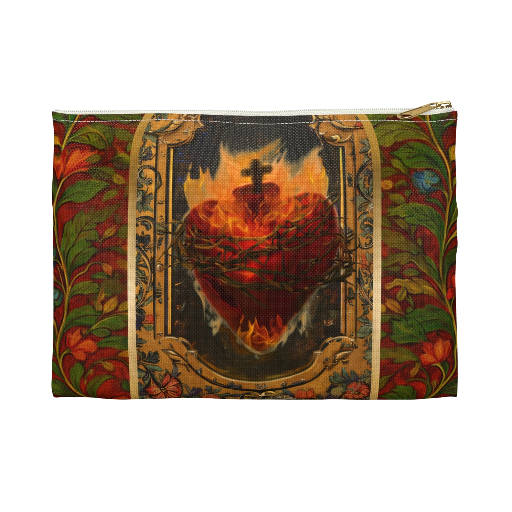 Flaming Sacred Heart Accessory Pouch | Gothic Religious Art, Floral Border